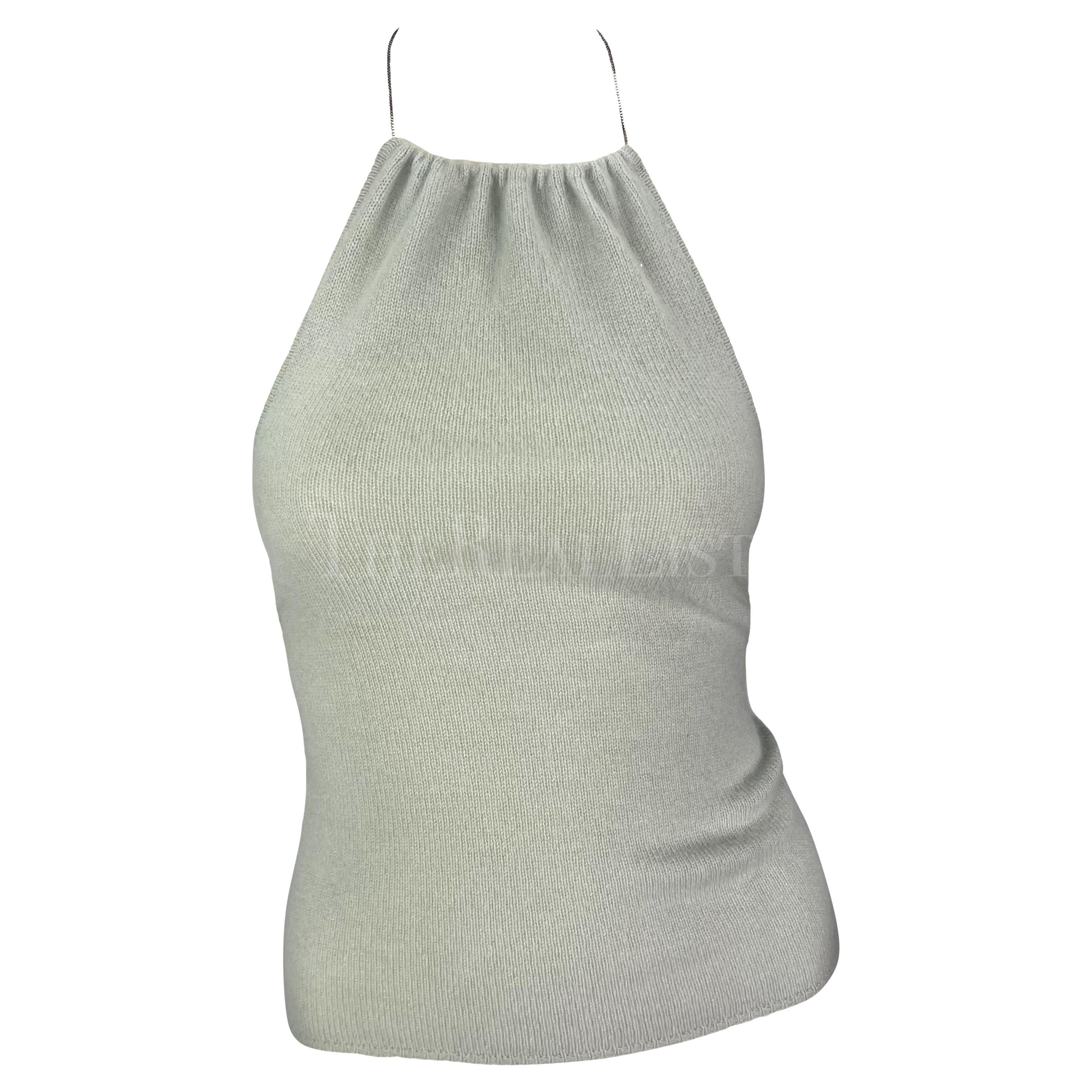 Late 1990s Gucci by Tom Ford Light Blue Backless Cashmere Chain Sweater Top For Sale