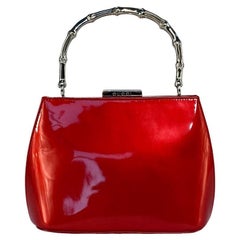 Vintage Late 1990s Gucci By Tom Ford Red Patent Leather Silver Bamboo Handle Bag