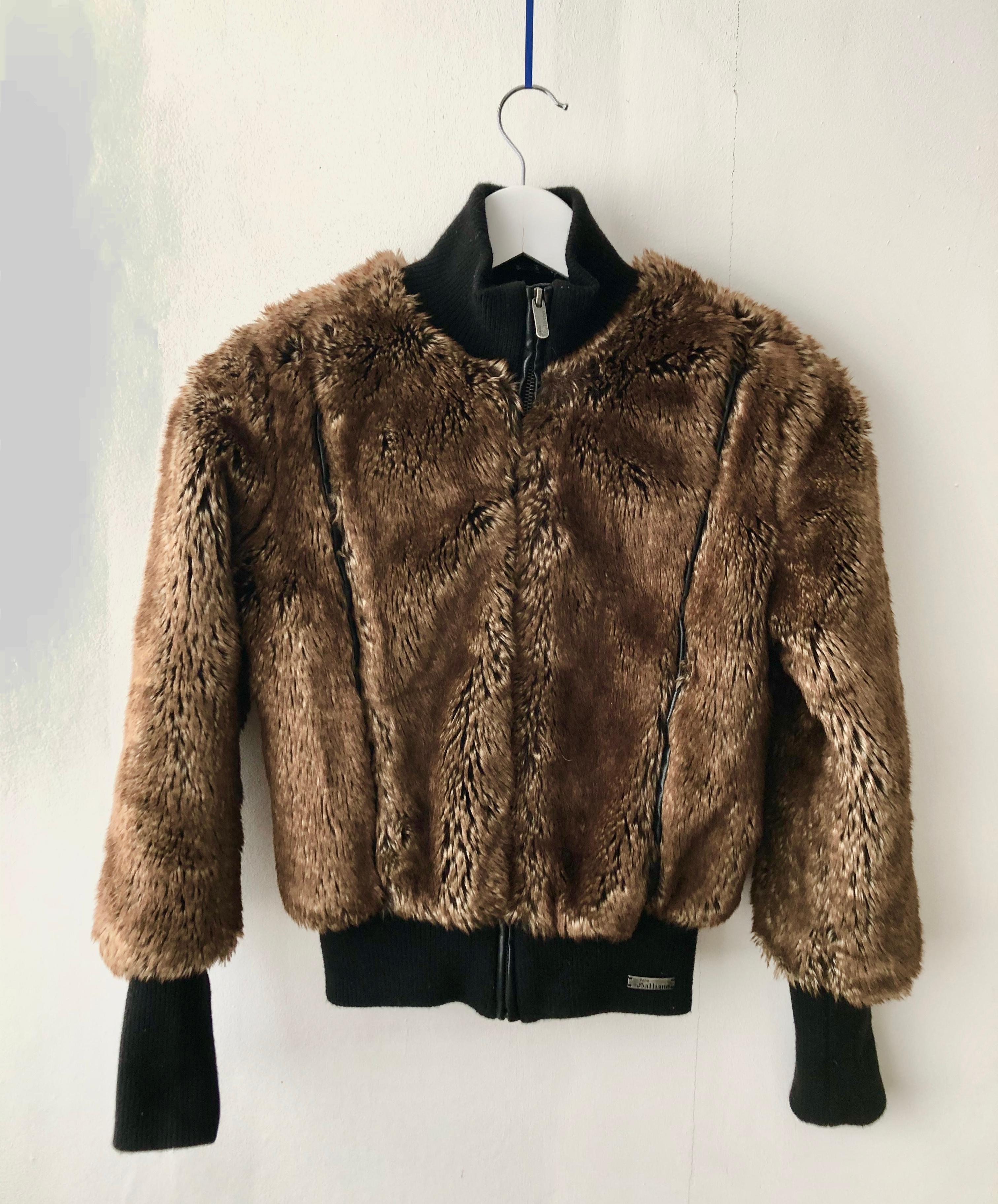John Galliano Faux Fur bomber jacket, iconic newspaper interior print 
Size: Small / 40 Italian/  8 UK 
Condition: very good vintage , late 1990s 