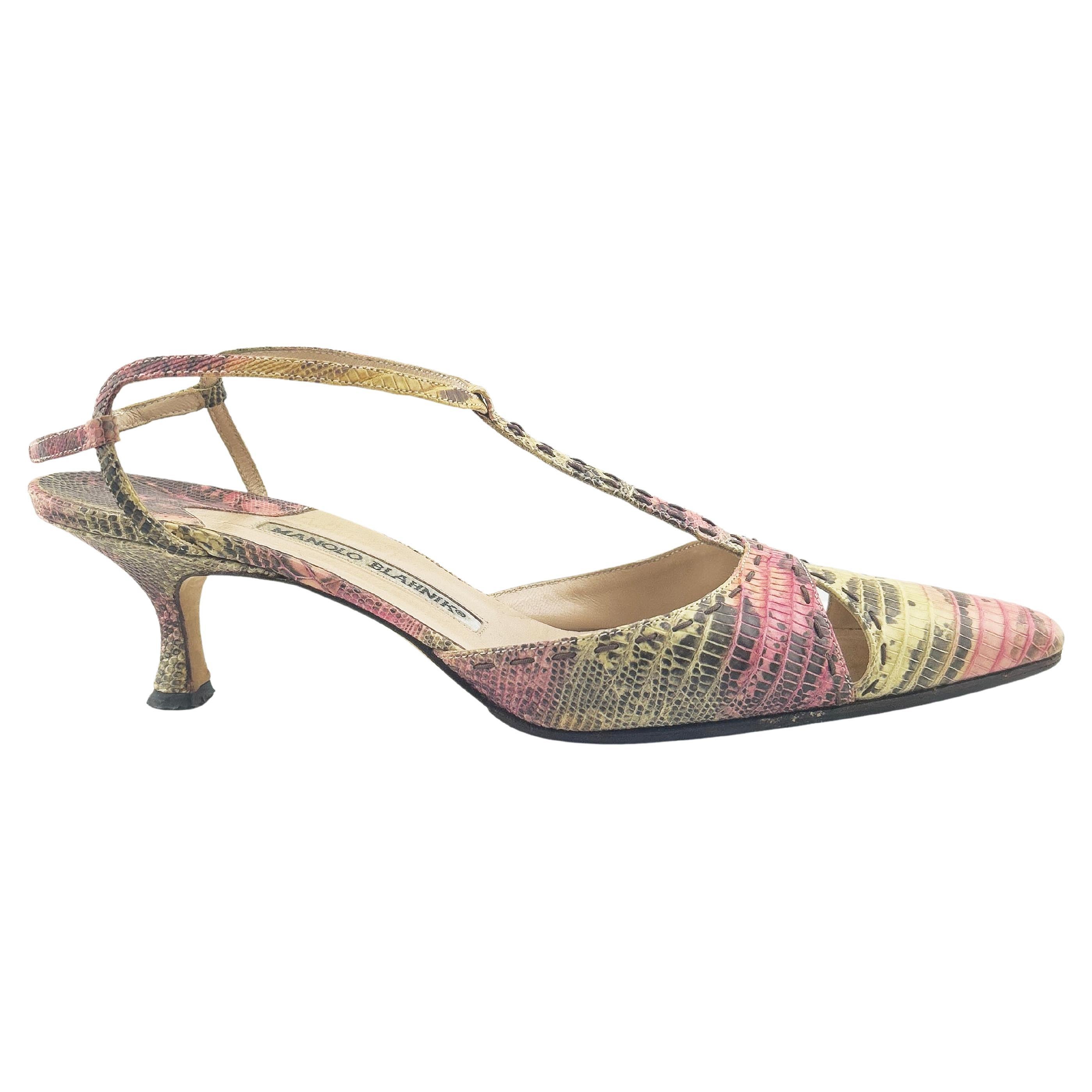 Late 1990's Manolo Blahnik all over ombre pink, cream and grey snake print pumps in the Turgimod style. Pointy toe with small cut outs at the toe box, t ankle straps and 1.5' kitten heels. Beige leather interior insole. Exterior has been resoled.