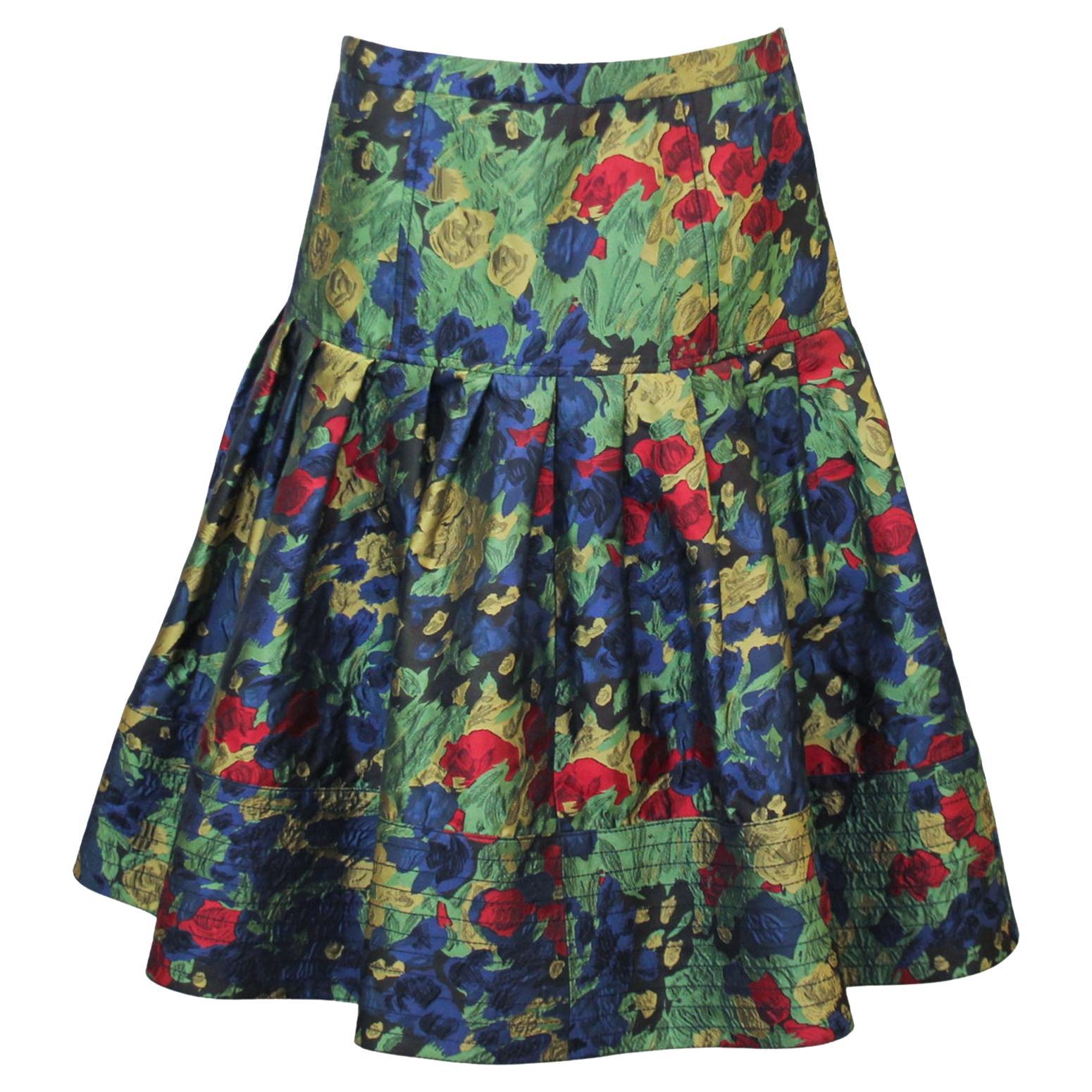 Late 1990s Oscar de la Renta Dark Floral Flared Skirt
