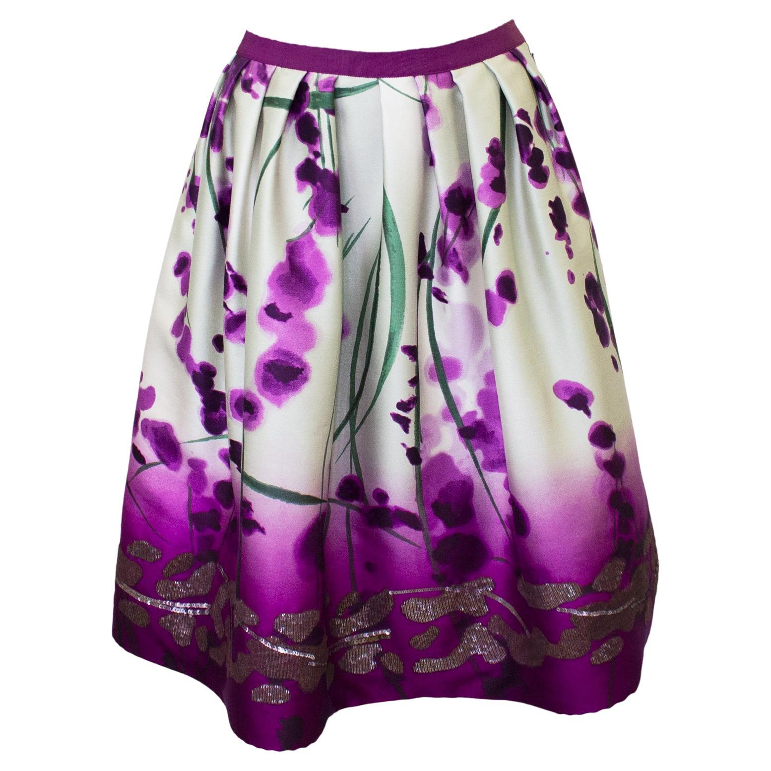 Late 1990s Oscar de la Renta Purple Silk Watercolor Flower Skirt For Sale