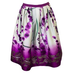 Late 1990s Oscar de la Renta Purple Silk Watercolor Flower Skirt