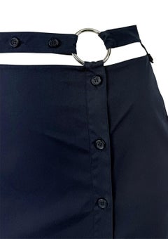 Late 1990s Prada Navy Stretch Cotton Silver Ring Belted Cutout Button Maxi Skirt