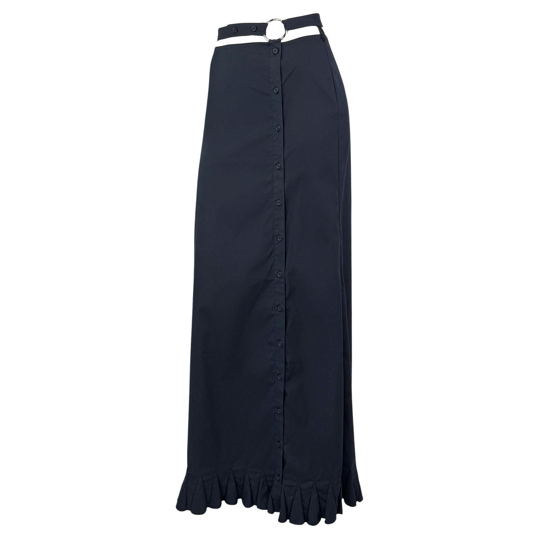 Black Late 1990s Prada Navy Stretch Cotton Silver Ring Belted Cutout Button Maxi Skirt