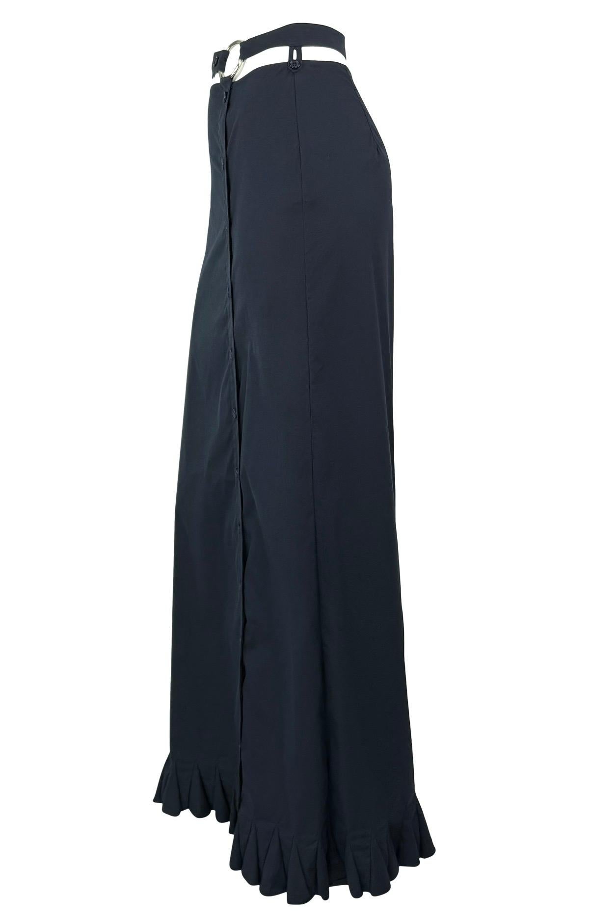 Women's Late 1990s Prada Navy Stretch Cotton Silver Ring Belted Cutout Button Maxi Skirt