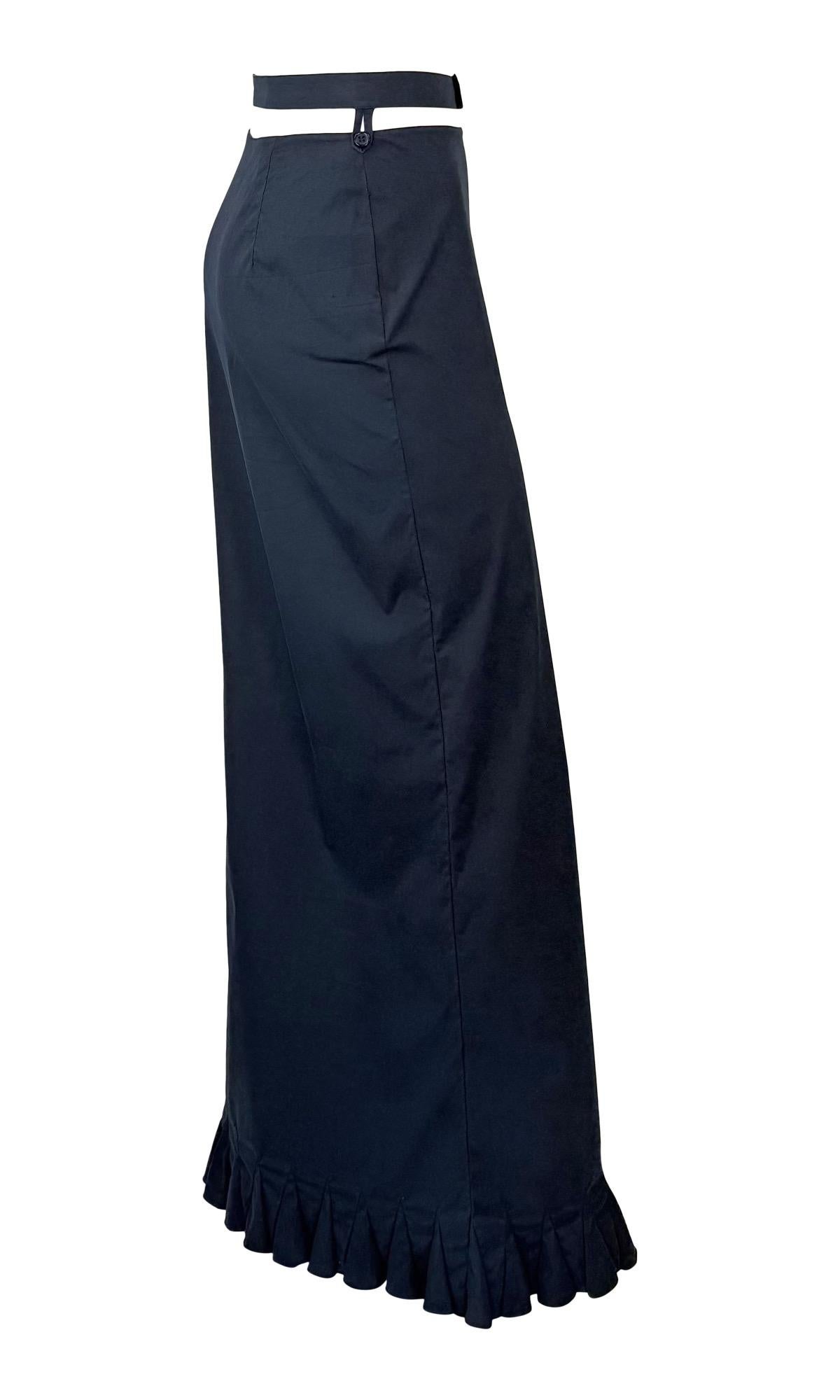 Late 1990s Prada Navy Stretch Cotton Silver Ring Belted Cutout Button Maxi Skirt 2