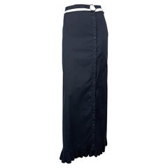 Late 1990s Prada Navy Stretch Cotton Silver Ring Belted Cutout Button Maxi Skirt