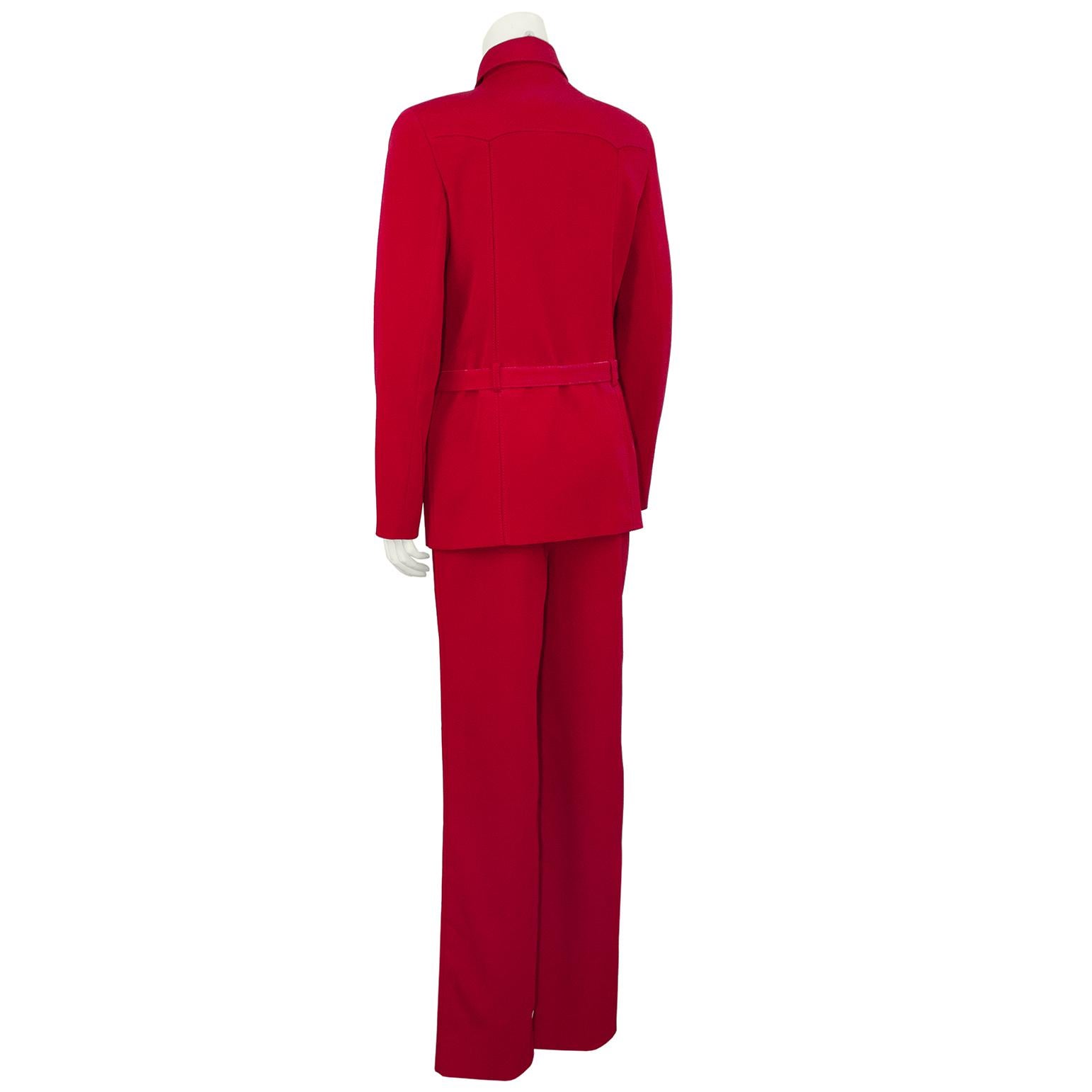 Late 1990s Prada Red Suit with Belt In Good Condition In Toronto, Ontario