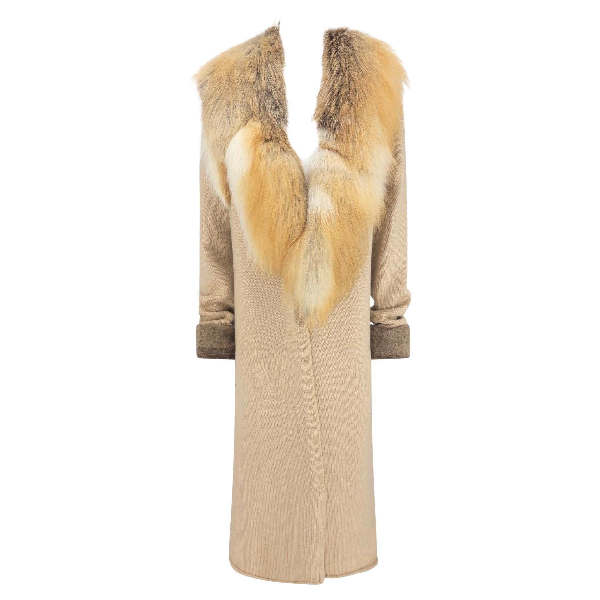 Pre-owned Roberto Cavalli Late 1990s Beige Knit Wool Genuine Fur Coat M In Brown