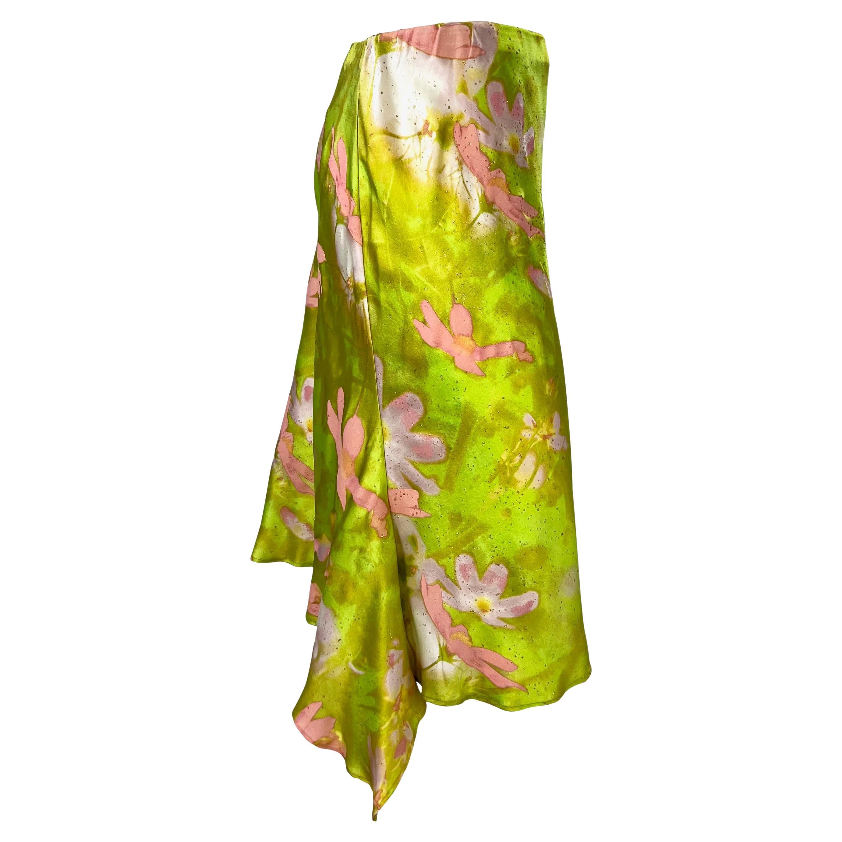 Late 1990s Roberto Cavalli Chartreuse Pink Gold Metallic Floral Satin Skirt In Excellent Condition In West Hollywood, CA