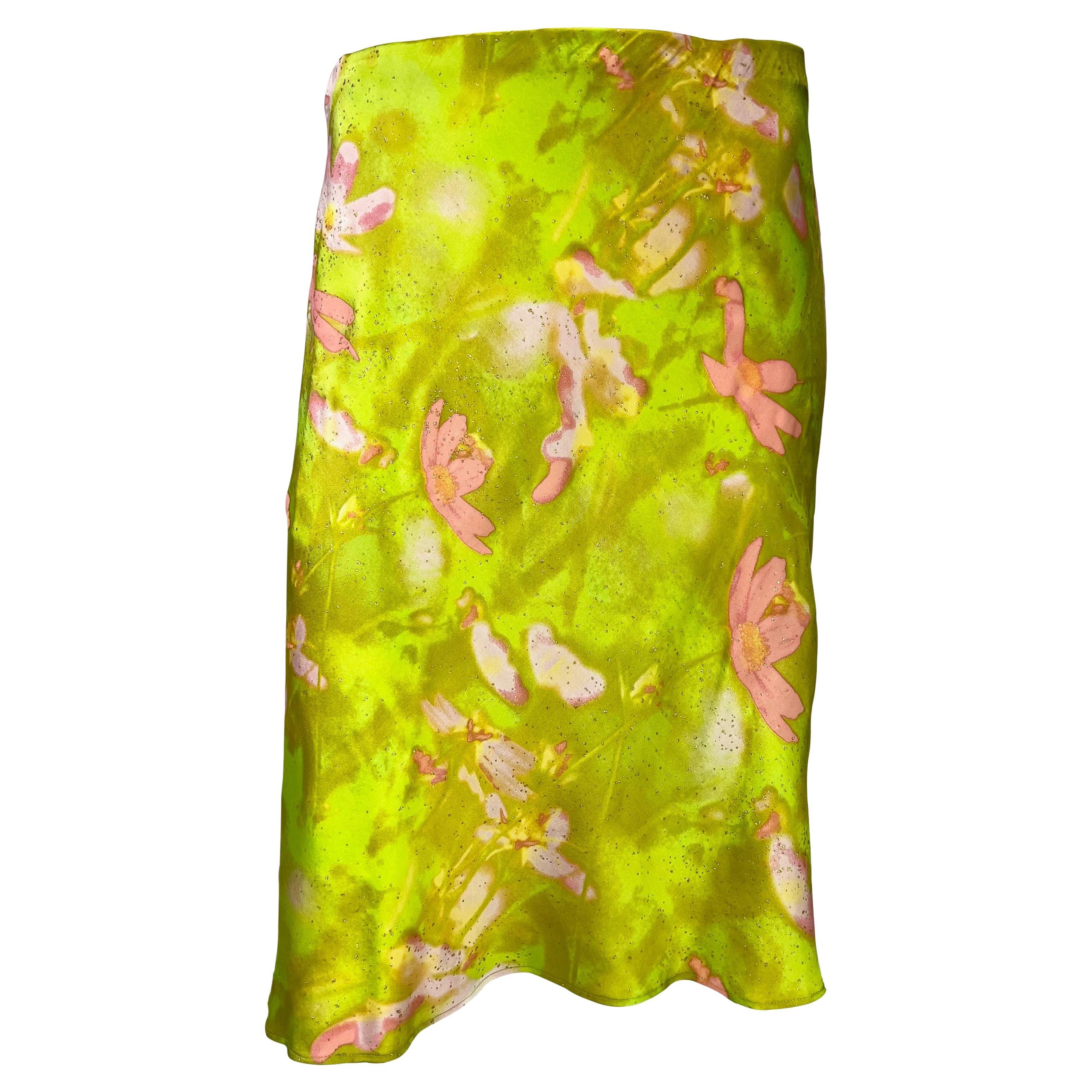 Late 1990s Roberto Cavalli Chartreuse Pink Gold Metallic Floral Satin Skirt