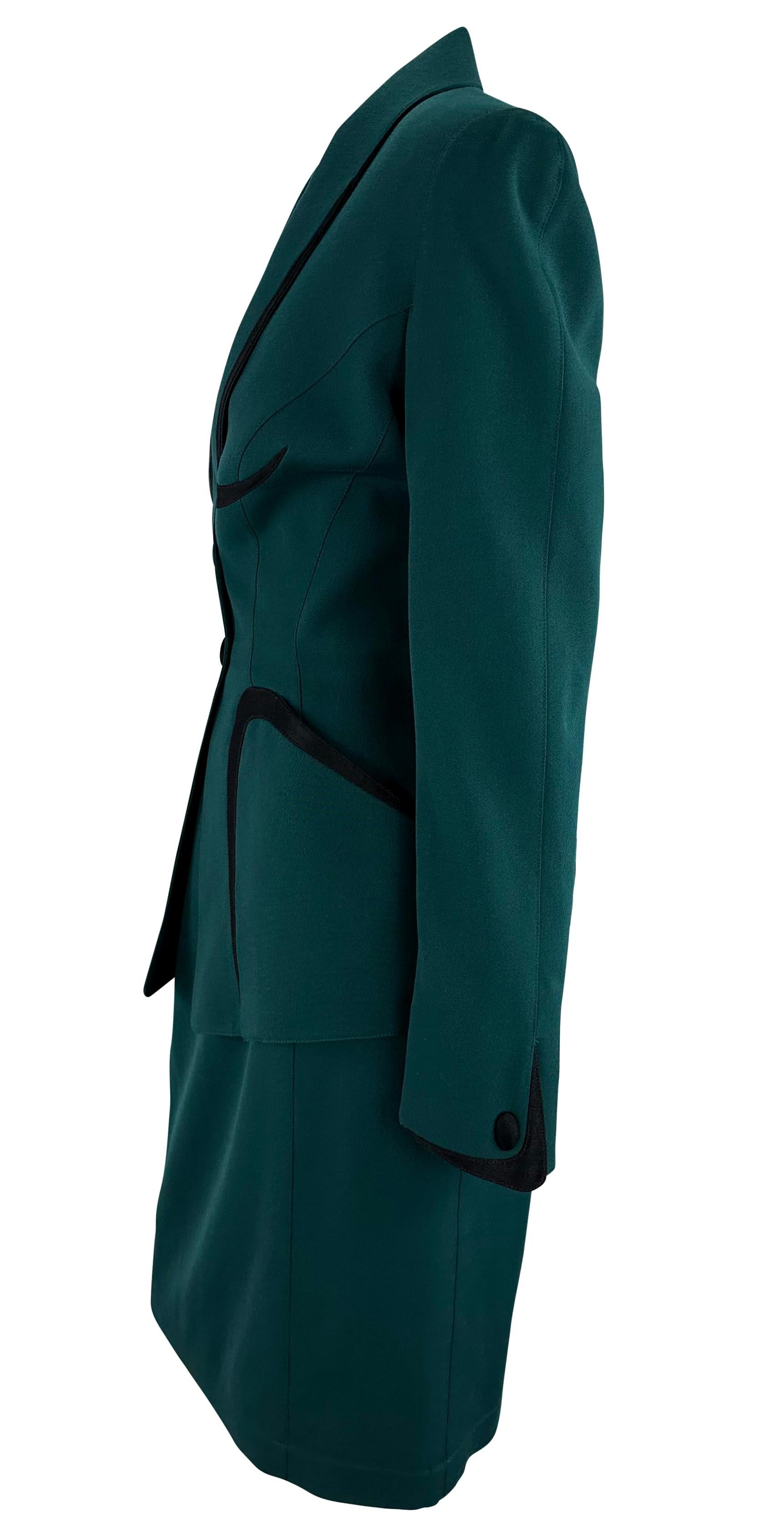 Late 1990s Thierry Mugler Green Black Angular Trim Skirt Suit In Excellent Condition For Sale In West Hollywood, CA