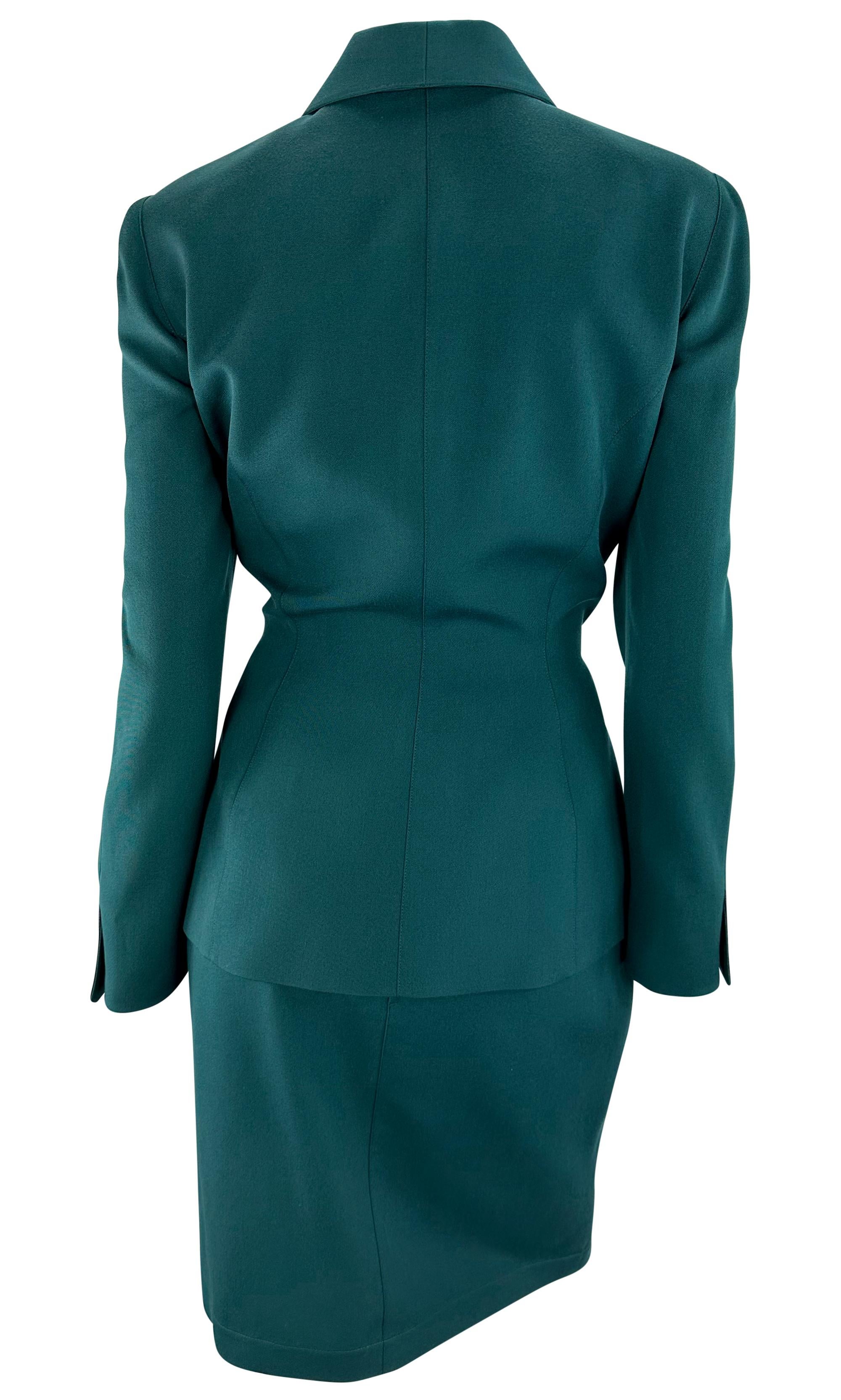 Women's Late 1990s Thierry Mugler Green Black Angular Trim Skirt Suit For Sale