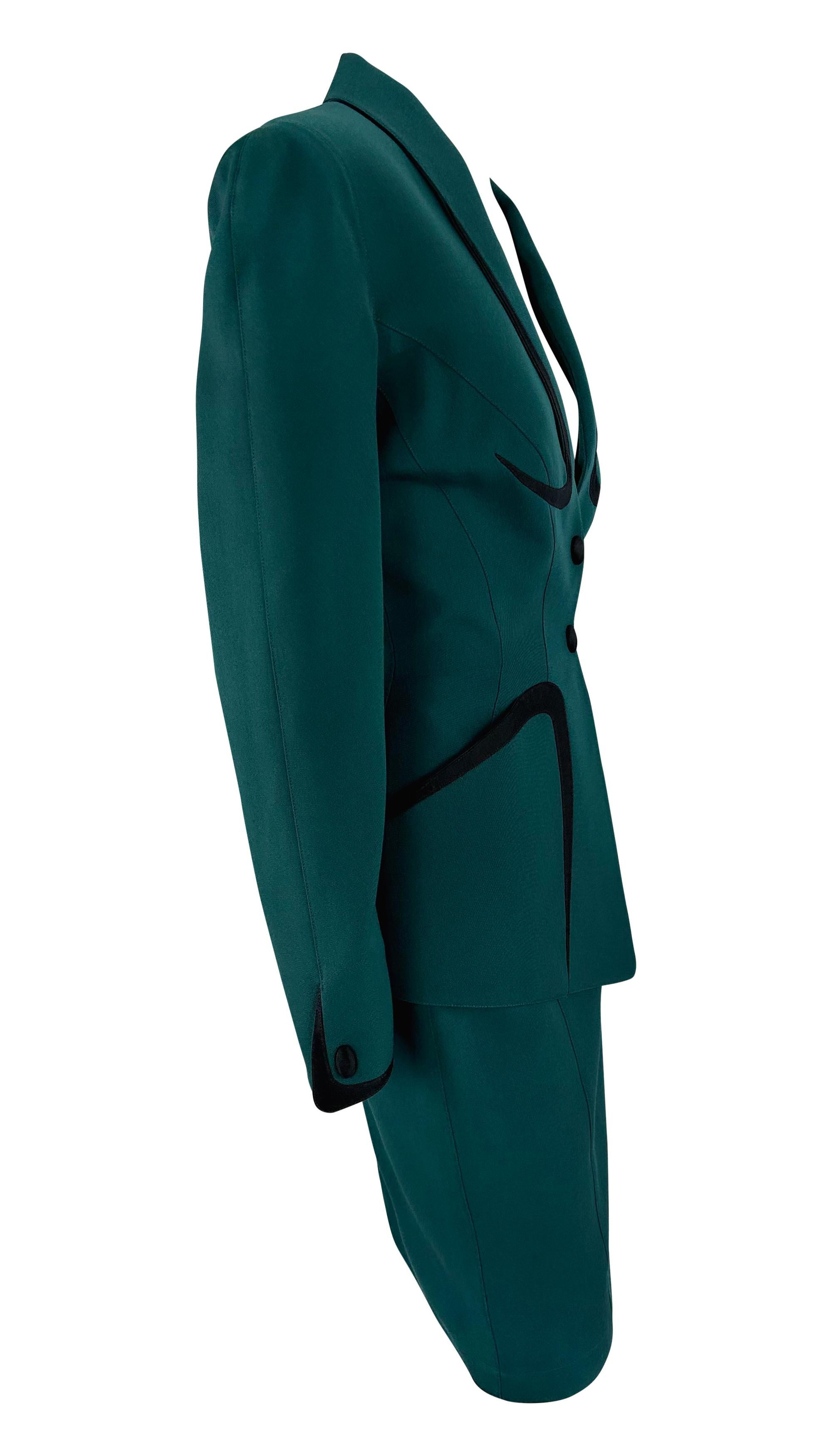 Late 1990s Thierry Mugler Green Black Angular Trim Skirt Suit For Sale 1