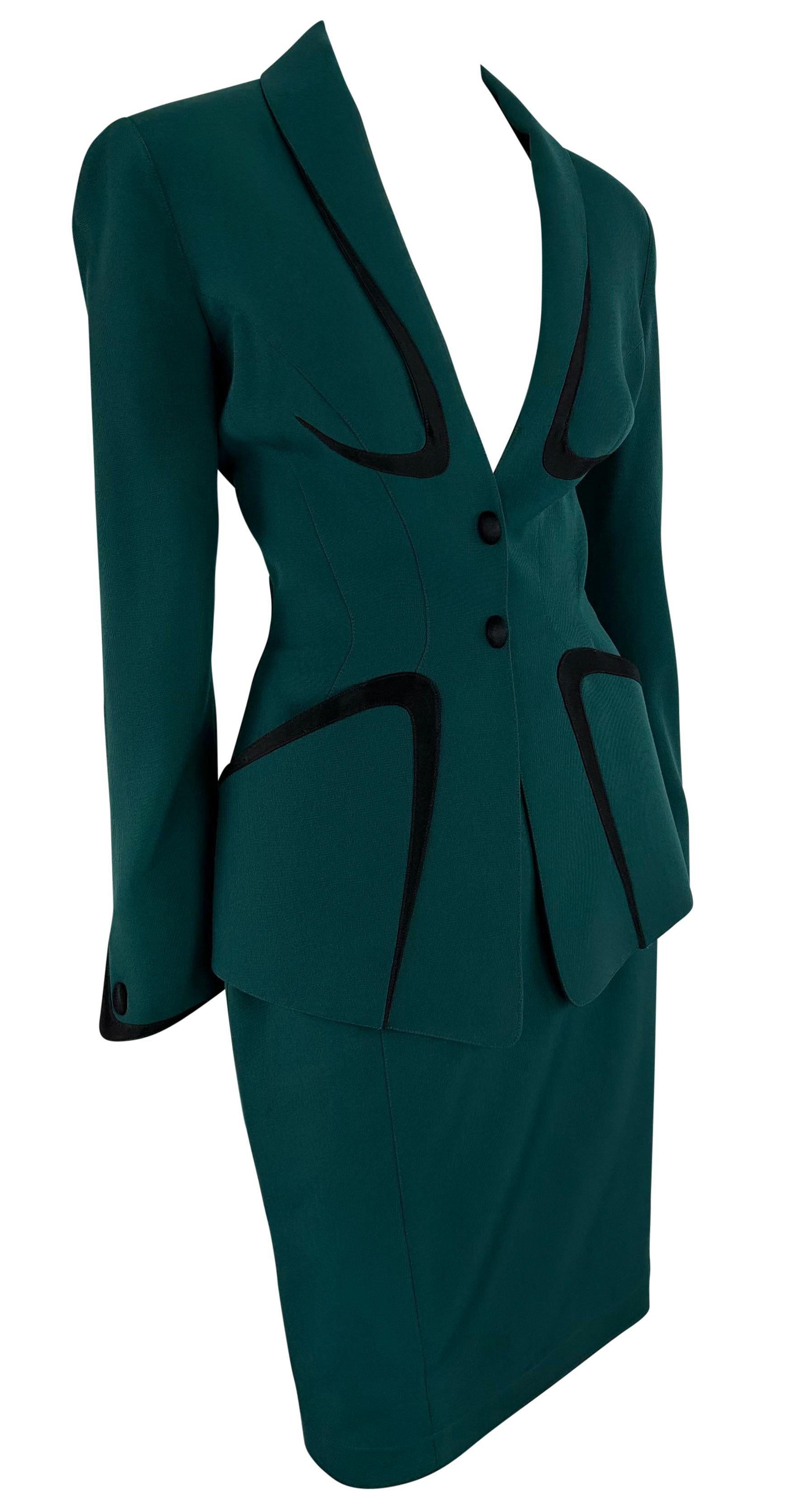 Late 1990s Thierry Mugler Green Black Angular Trim Skirt Suit For Sale 2