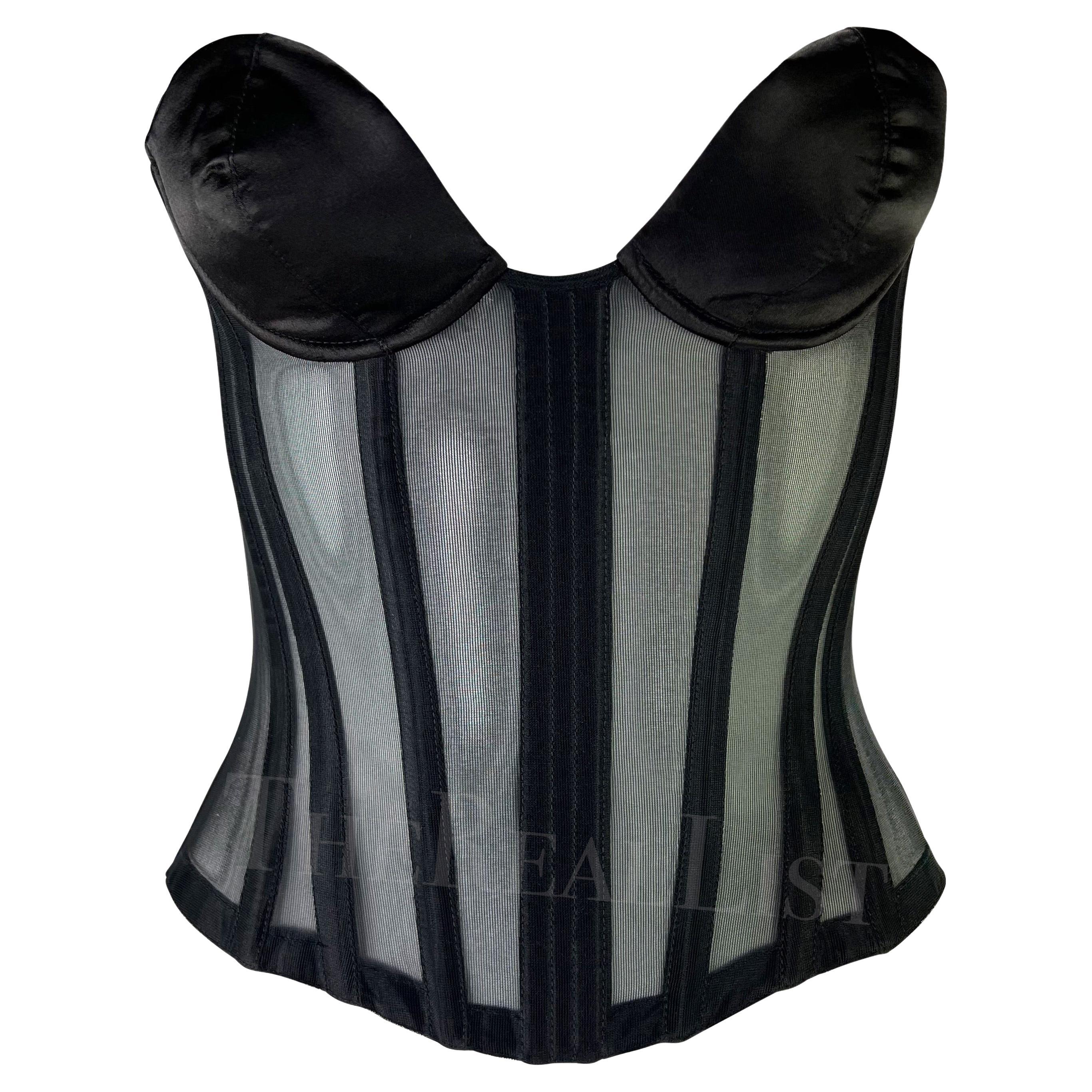 Late 1990s Thierry Mugler Lace-Up Sheer Black Satin Mr. Pearl Corset For Sale