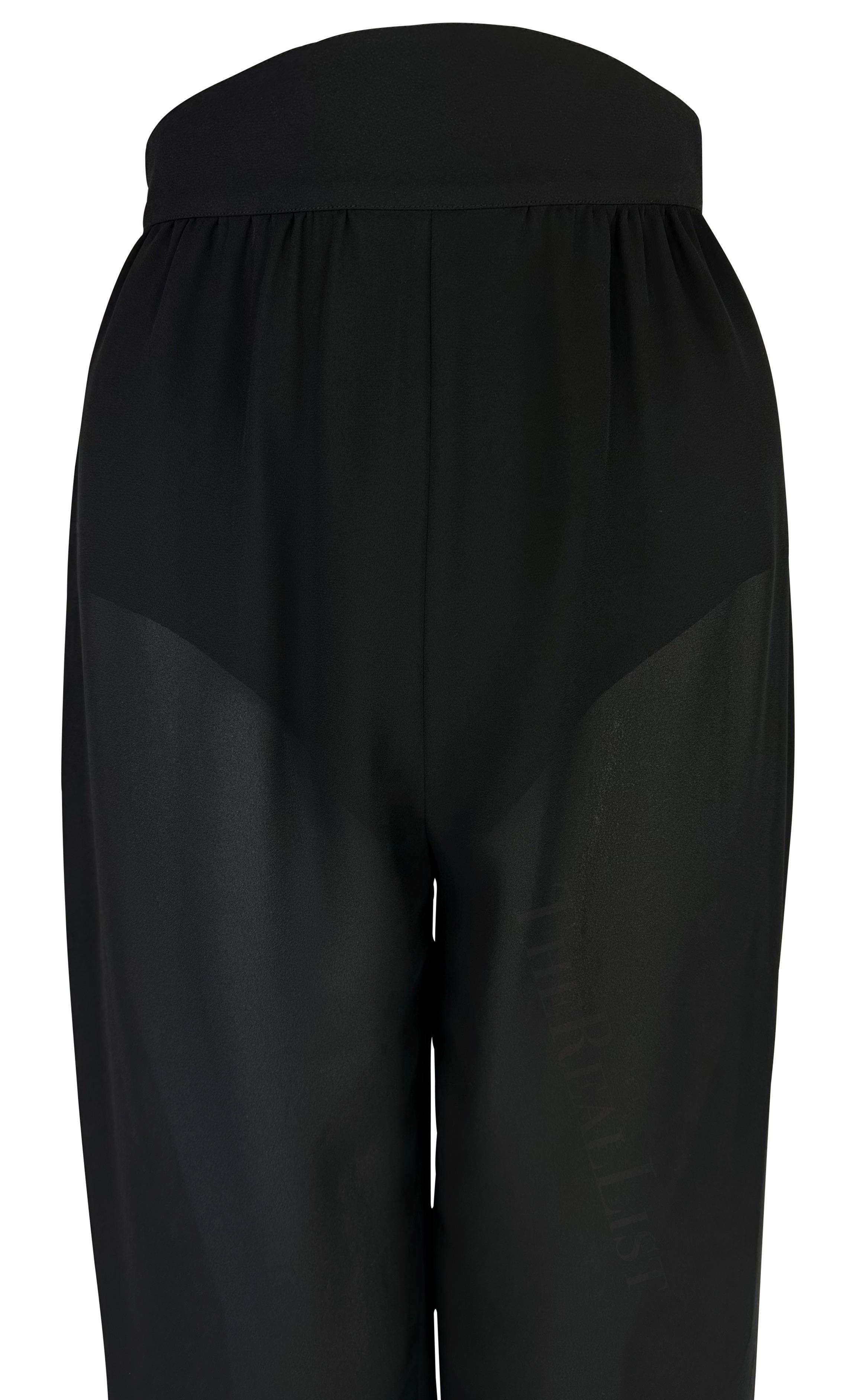 Presenting a pair of black sheer Thierry Mugler pants. From Mugler’s Cruise 1999 collection, these fabulous pants are entirely sheer and feature built-in shorts. Perfectly dressed up or down, these sexy lightweight pants are the perfect unique