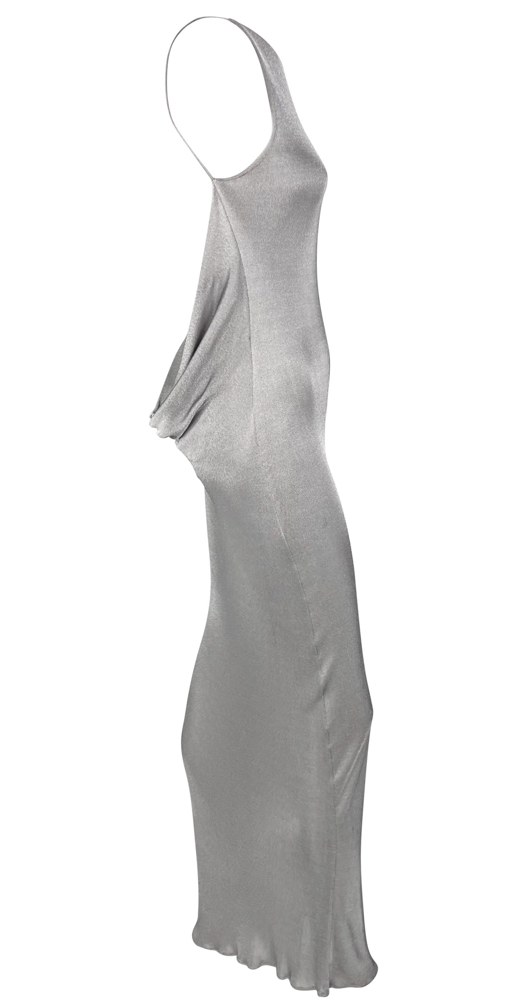Late 1990s Yigal Azrouël Backless Silver Metallic Slinky Bodycon Gown  In Excellent Condition For Sale In West Hollywood, CA