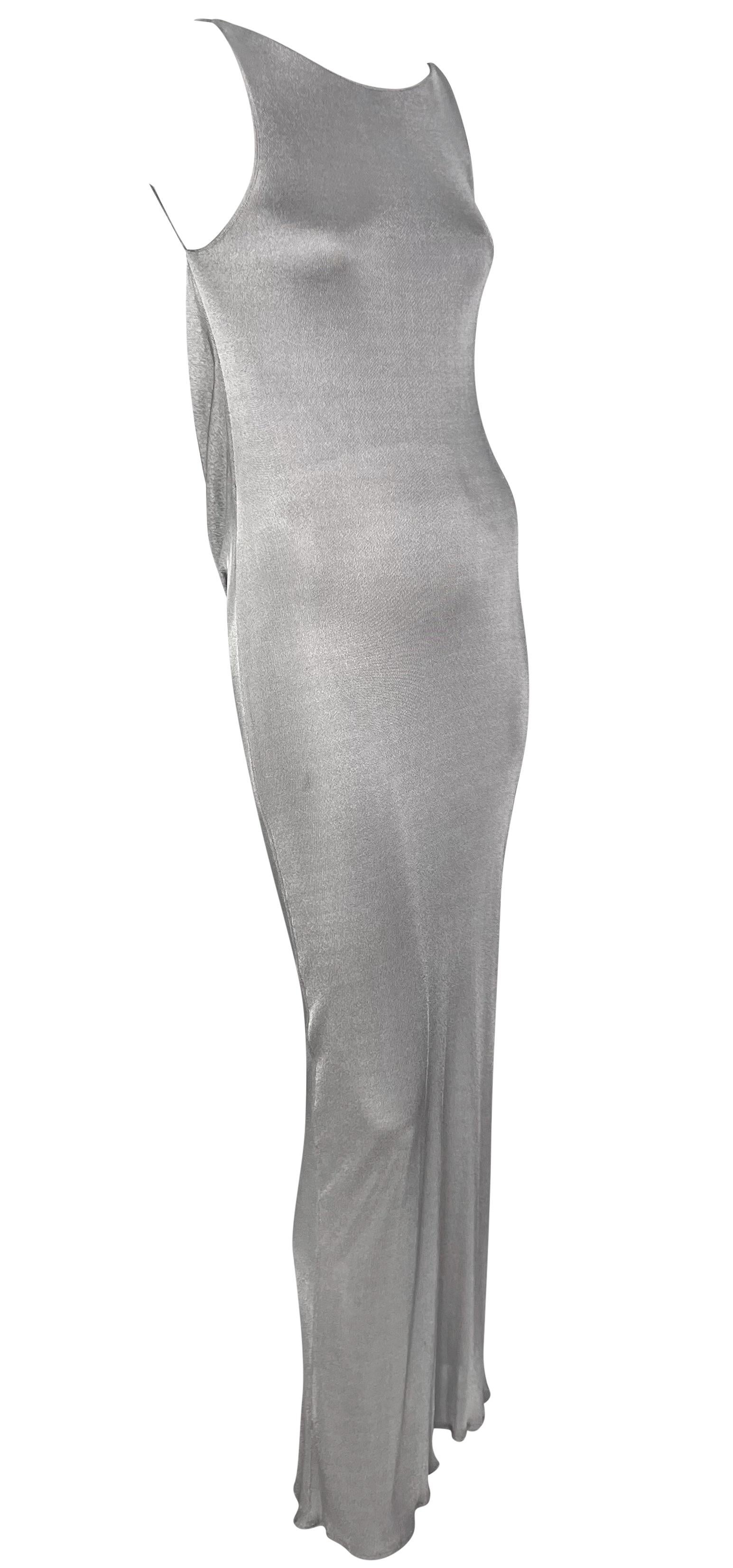 Women's Late 1990s Yigal Azrouël Backless Silver Metallic Slinky Bodycon Gown 
