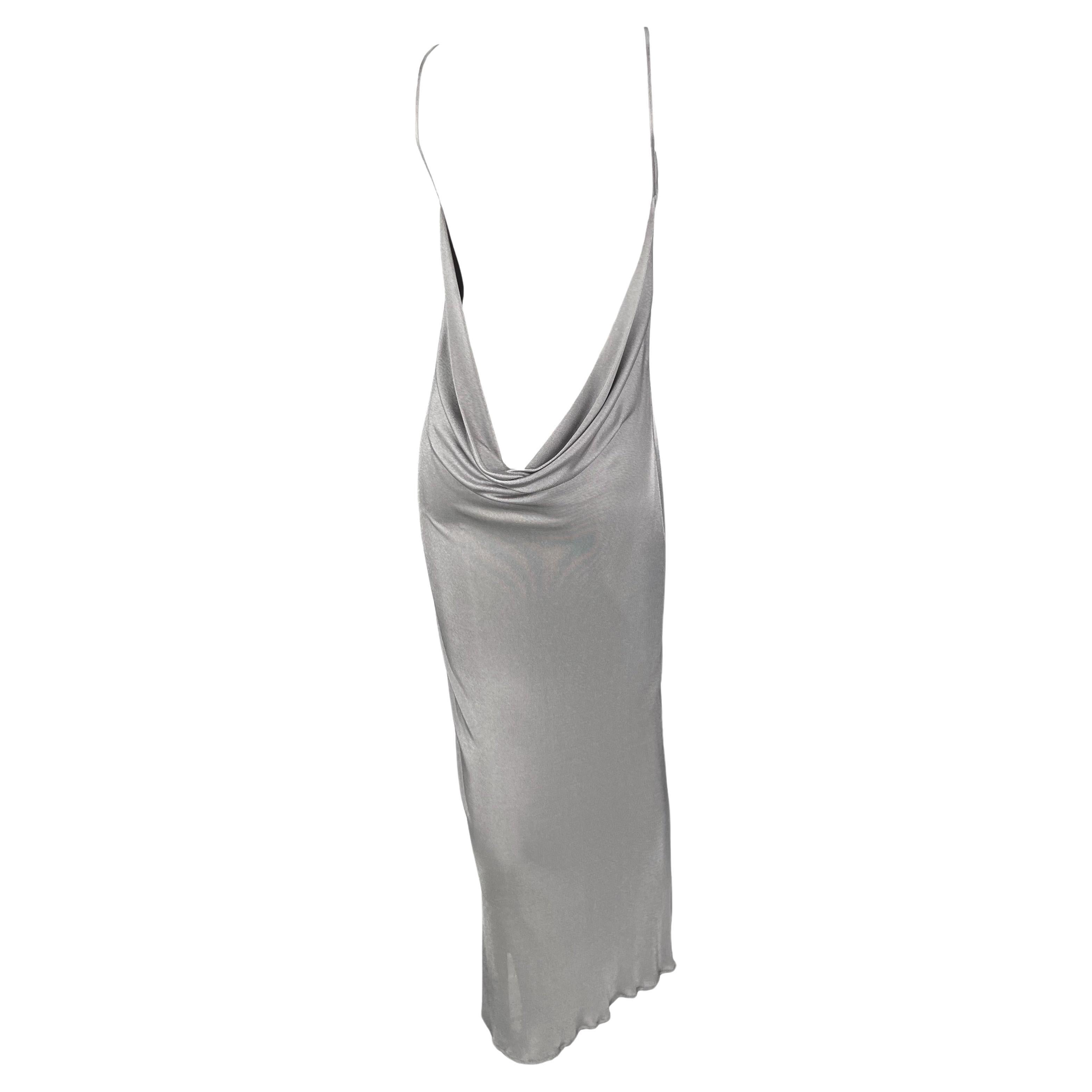 Late 1990s Yigal Azrouël Backless Silver Metallic Slinky Bodycon Gown  For Sale