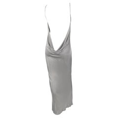 Retro Late 1990s Yigal Azrouël Backless Silver Metallic Slinky Bodycon Gown 