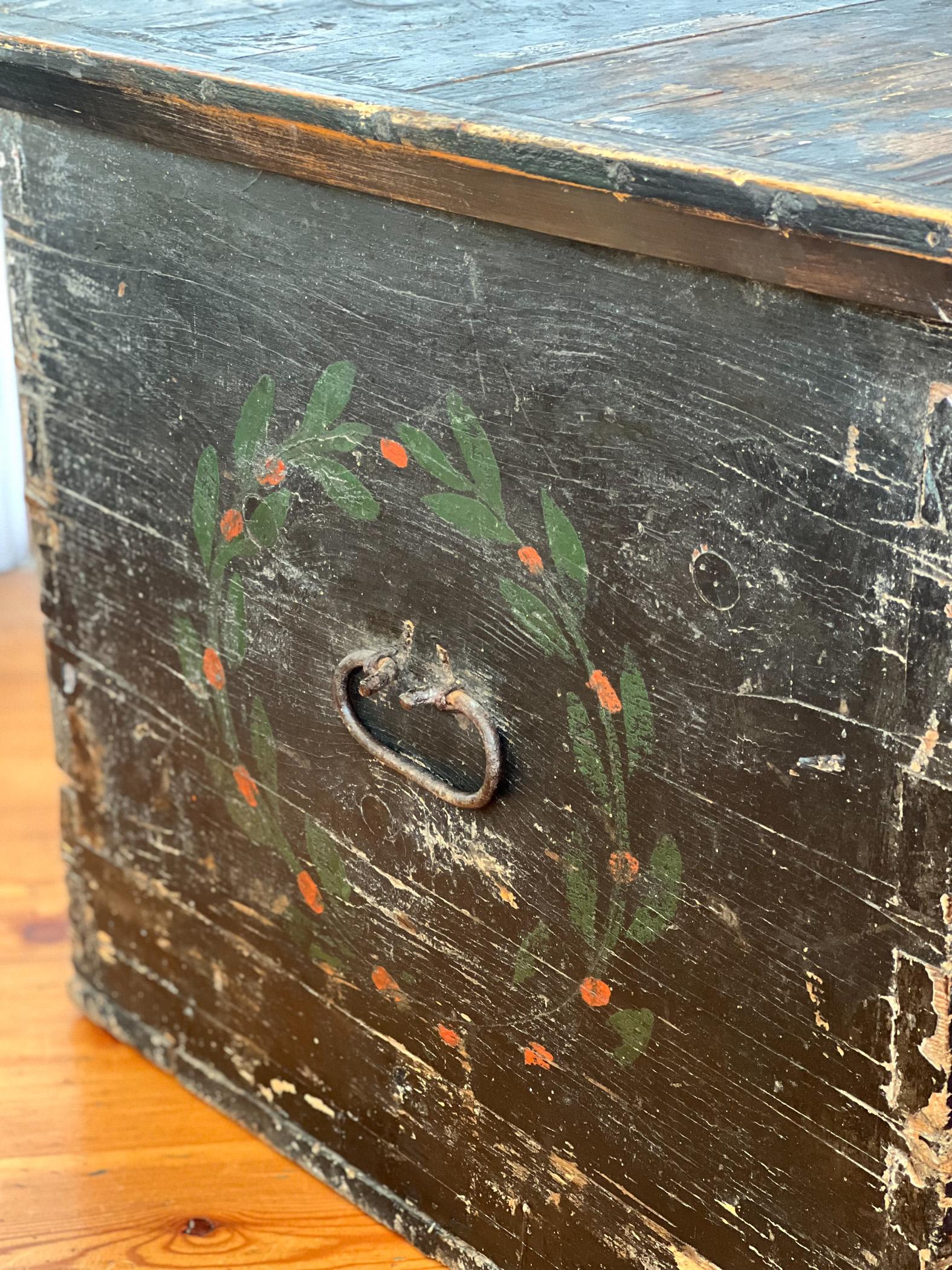Late 19 C Hand Painted Large Wooden Chest / Trunk from Brittany, France 5
