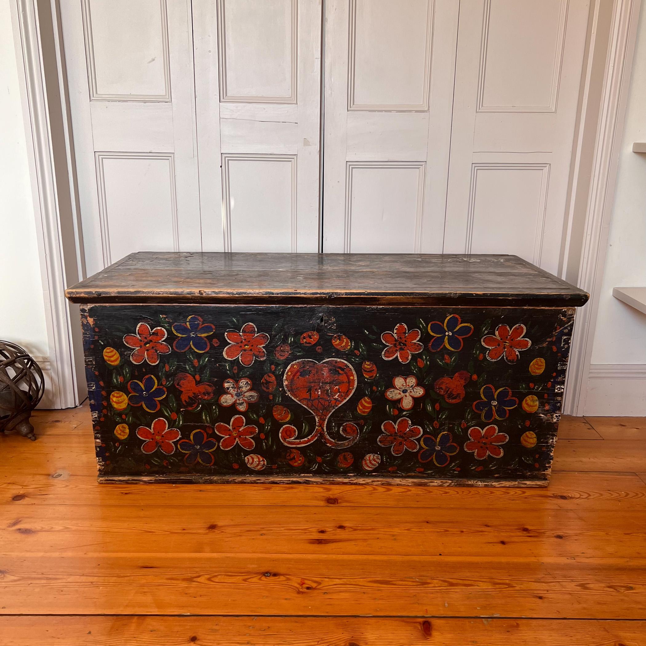 Folk Art Late 19 C Hand Painted Large Wooden Chest / Trunk from Brittany, France