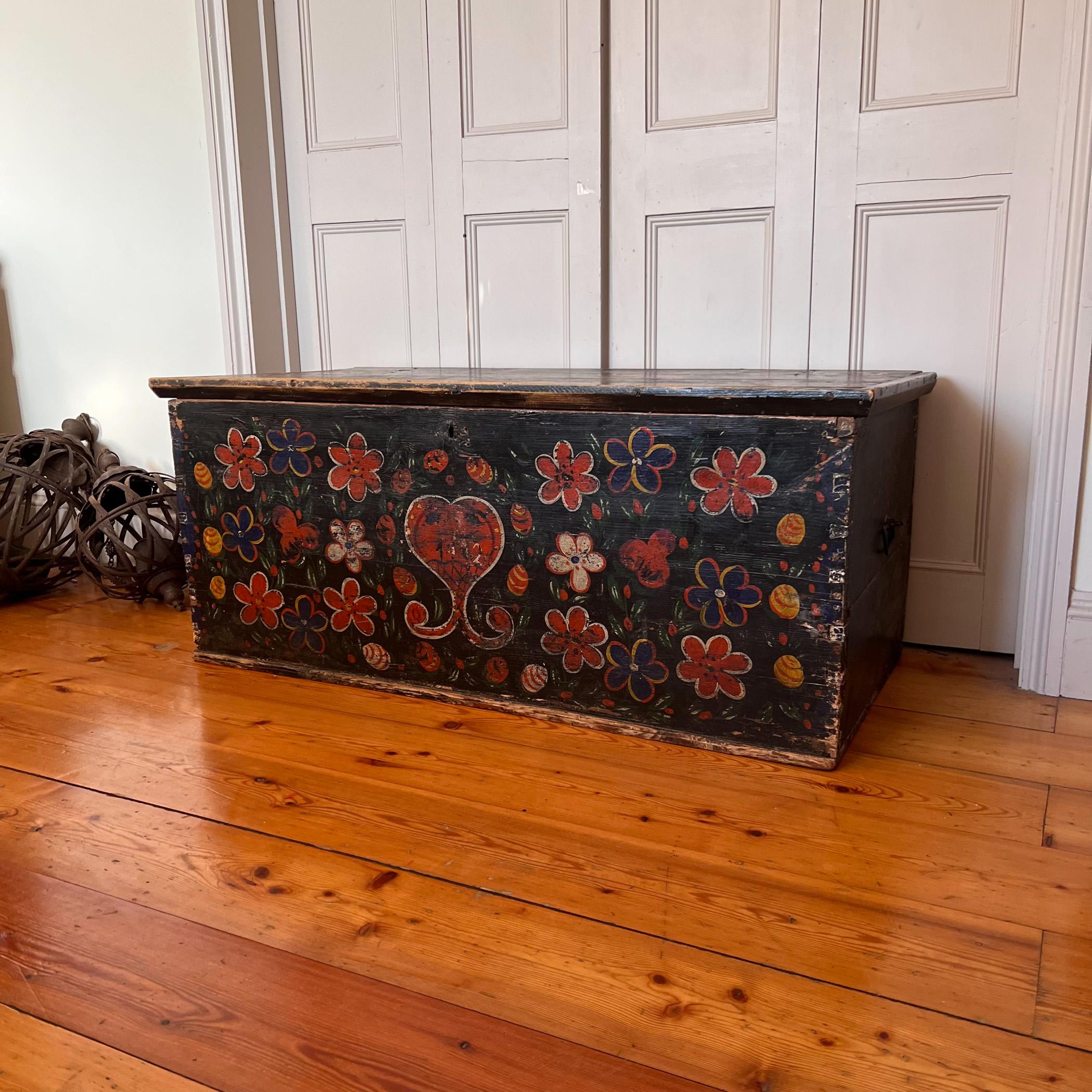 French Late 19 C Hand Painted Large Wooden Chest / Trunk from Brittany, France