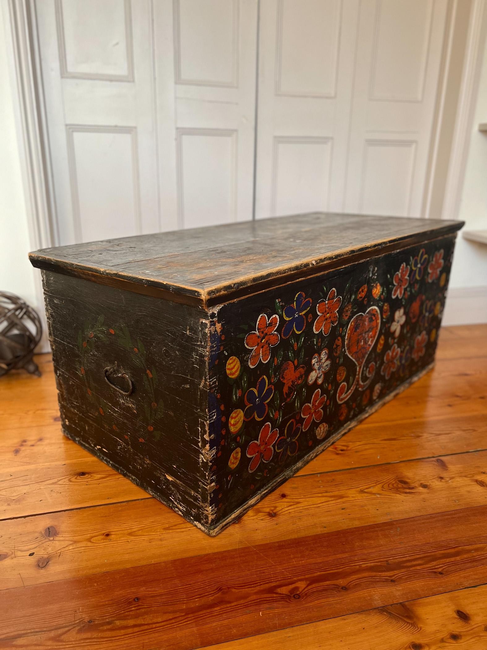 Hand-Painted Late 19 C Hand Painted Large Wooden Chest / Trunk from Brittany, France