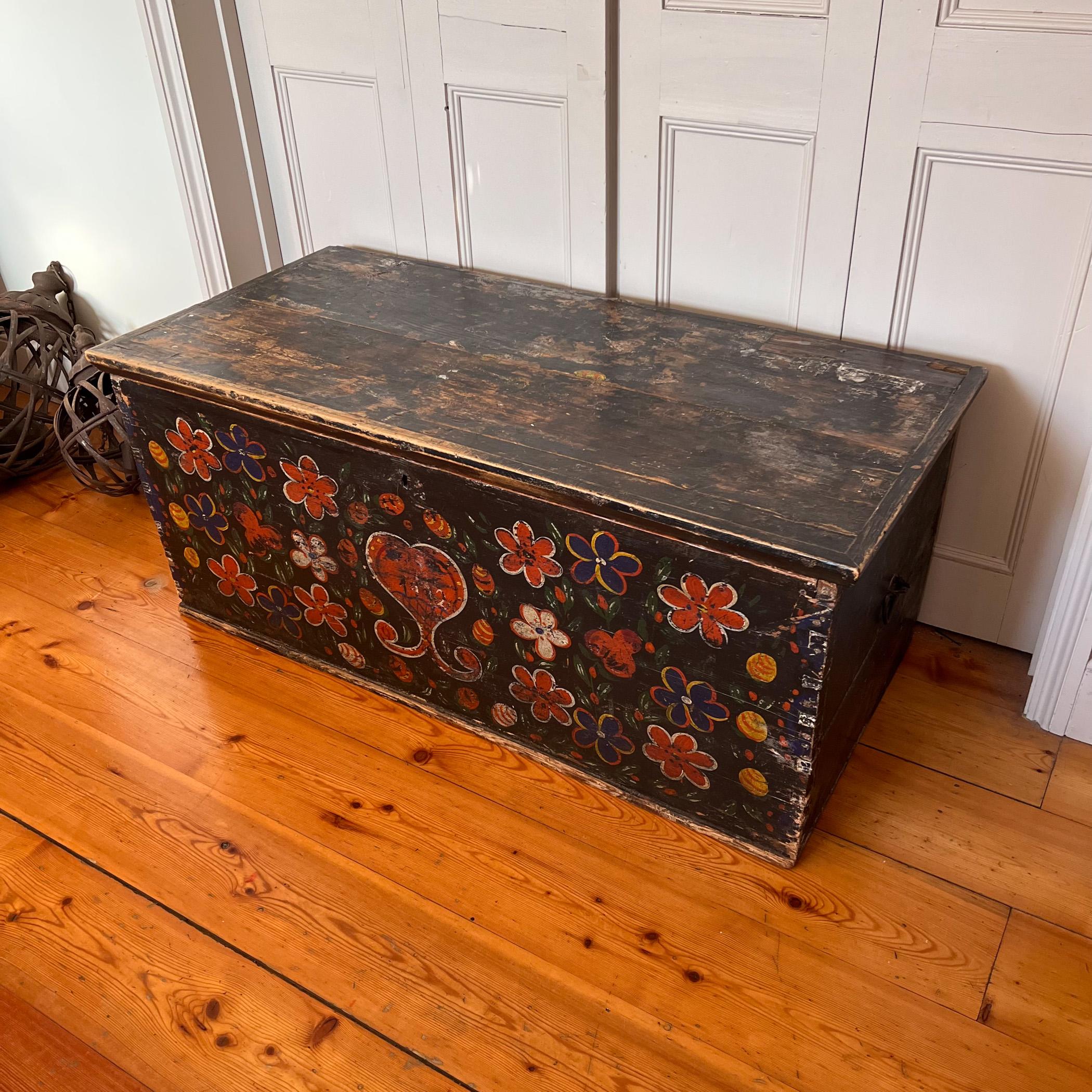 Late 19 C Hand Painted Large Wooden Chest / Trunk from Brittany, France In Good Condition In London, Park Royal