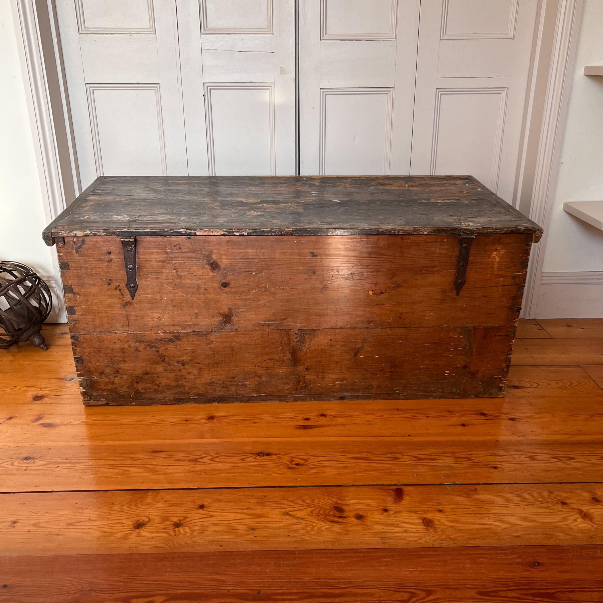 19th Century Late 19 C Hand Painted Large Wooden Chest / Trunk from Brittany, France