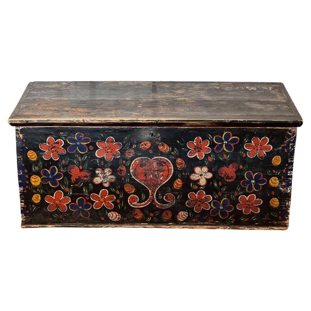 Late 19 C Hand Painted Large Wooden Chest / Trunk from Brittany, France