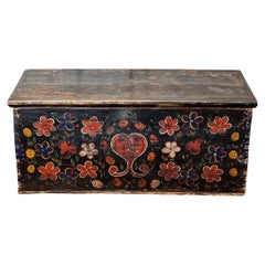 Antique Late 19 C Hand Painted Large Wooden Chest / Trunk from Brittany, France