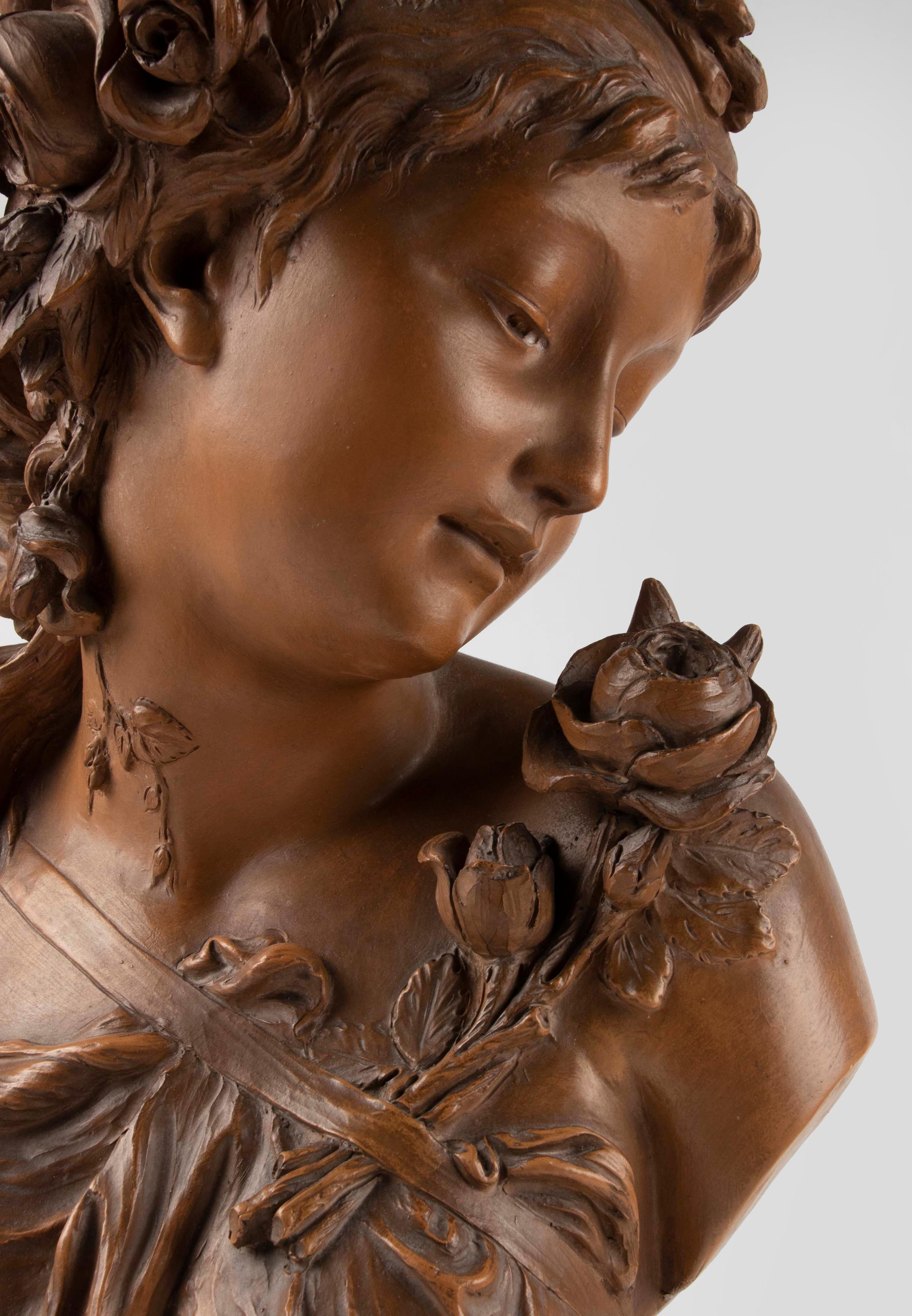 Late 19h Century Terracotta Bust Sculpture of a  Woman by Fréderick la Route For Sale 5