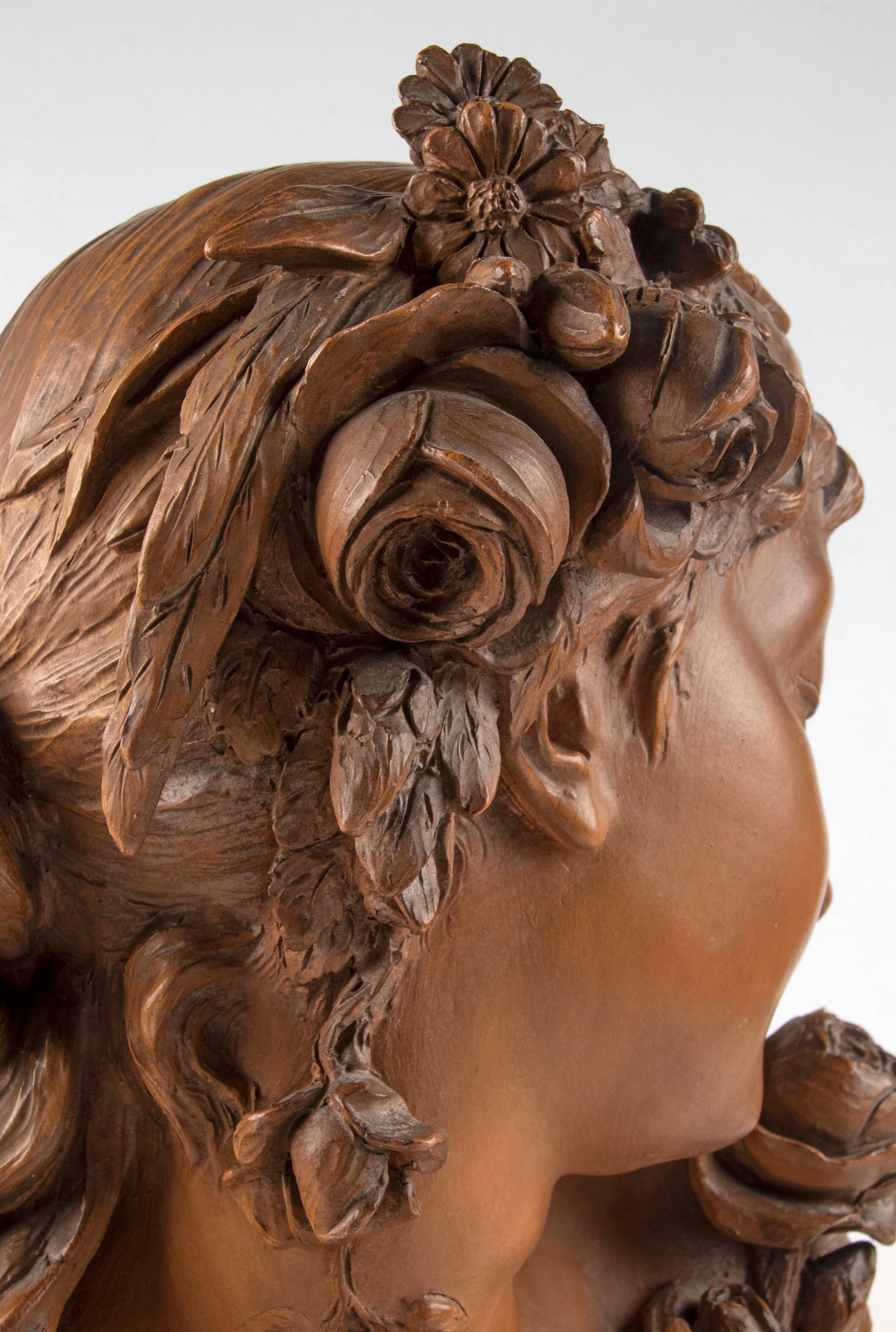 Late 19h Century Terracotta Bust Sculpture of a  Woman by Fréderick la Route For Sale 6
