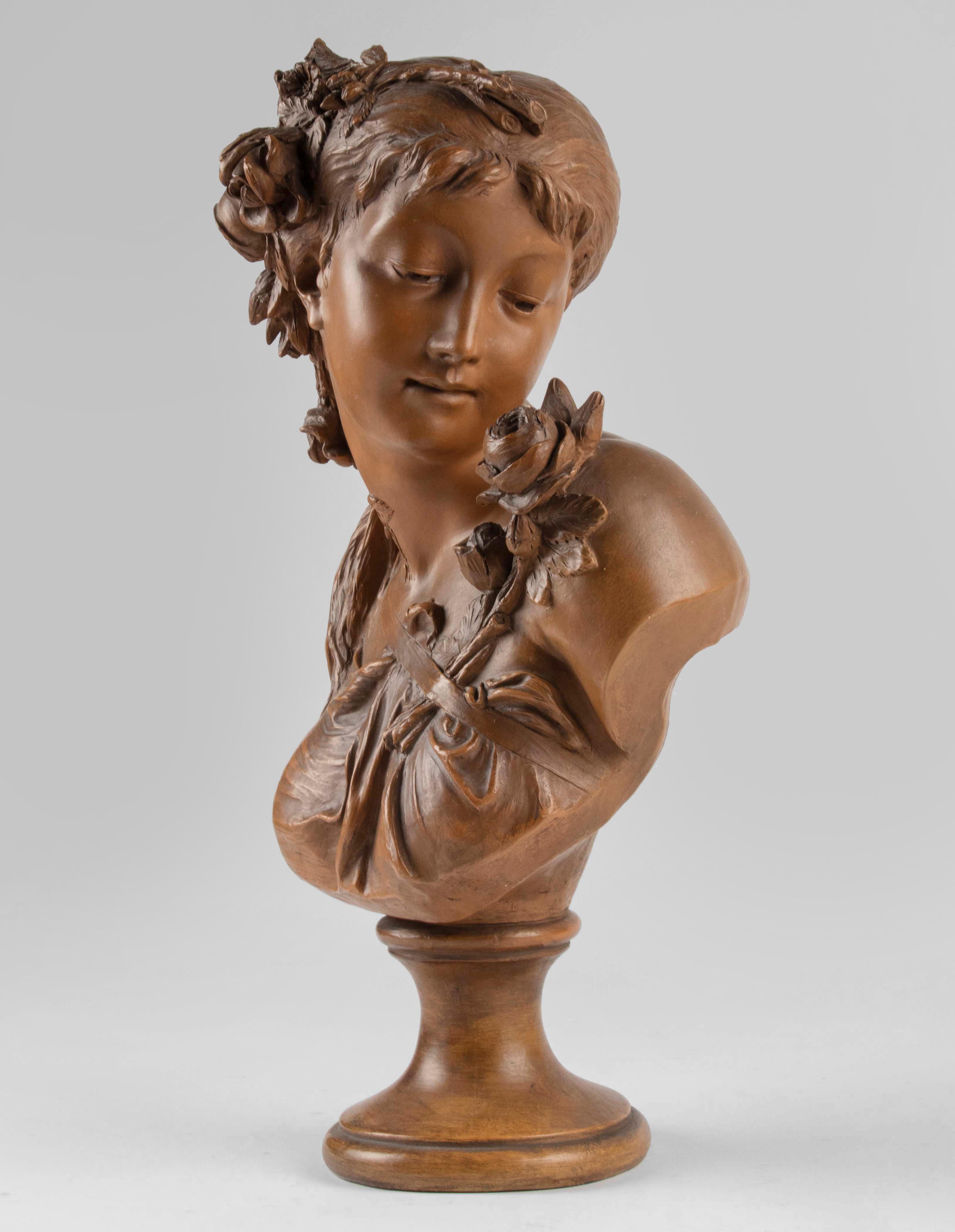 Late 19h Century Terracotta Bust Sculpture of a  Woman by Fréderick la Route For Sale 7