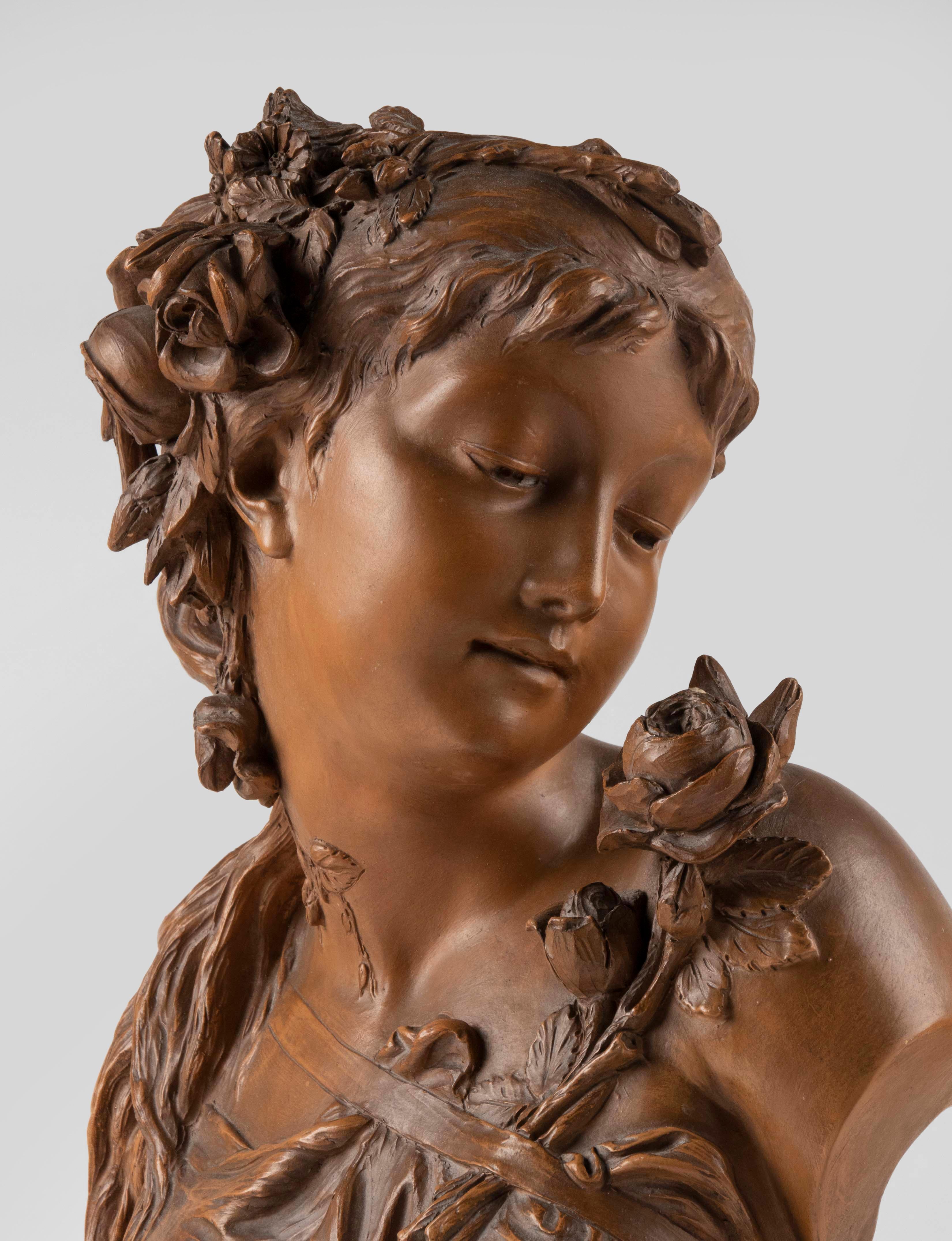 Late 19h Century Terracotta Bust Sculpture of a  Woman by Fréderick la Route For Sale 8