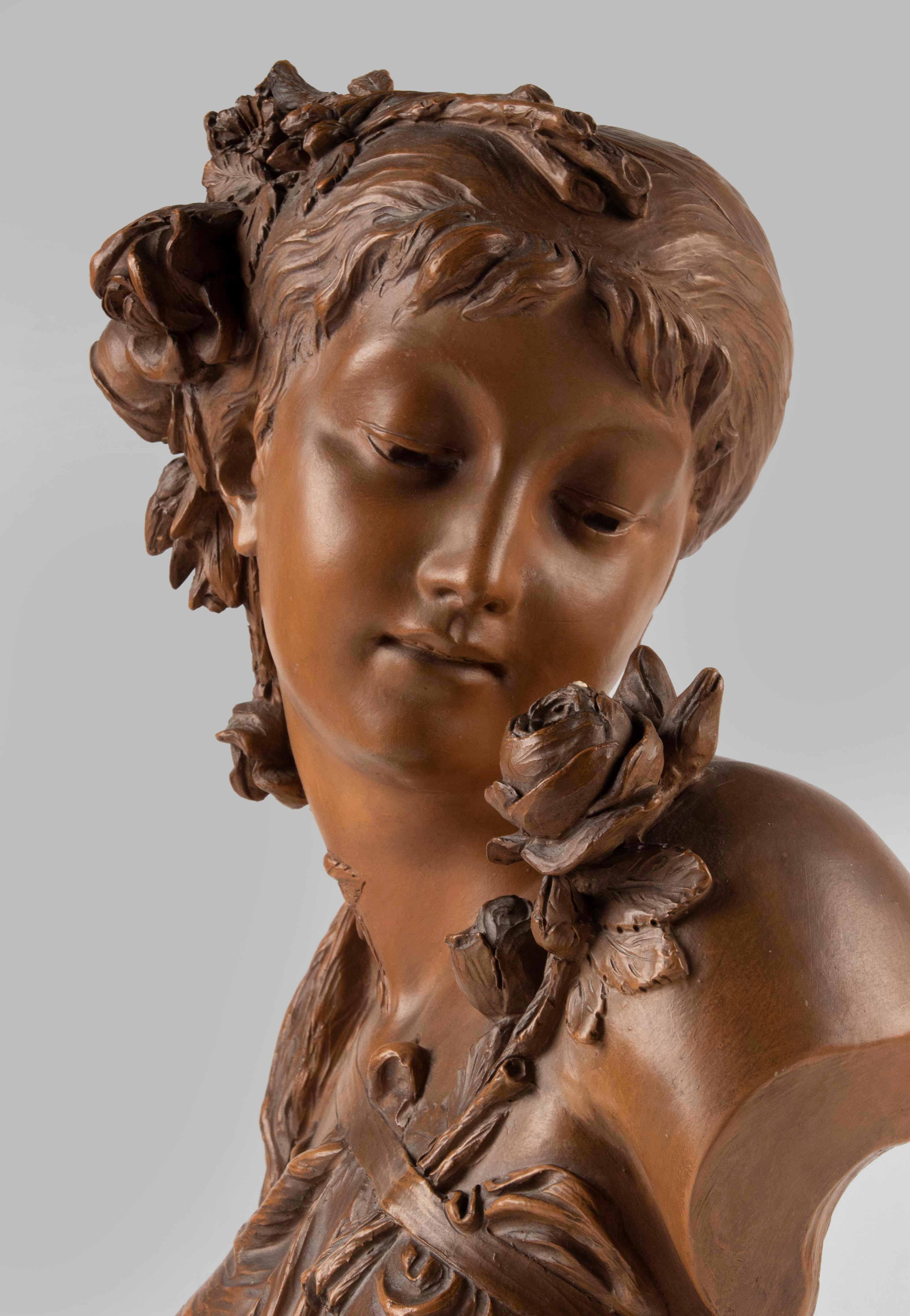 Late 19h Century Terracotta Bust Sculpture of a  Woman by Fréderick la Route For Sale 10