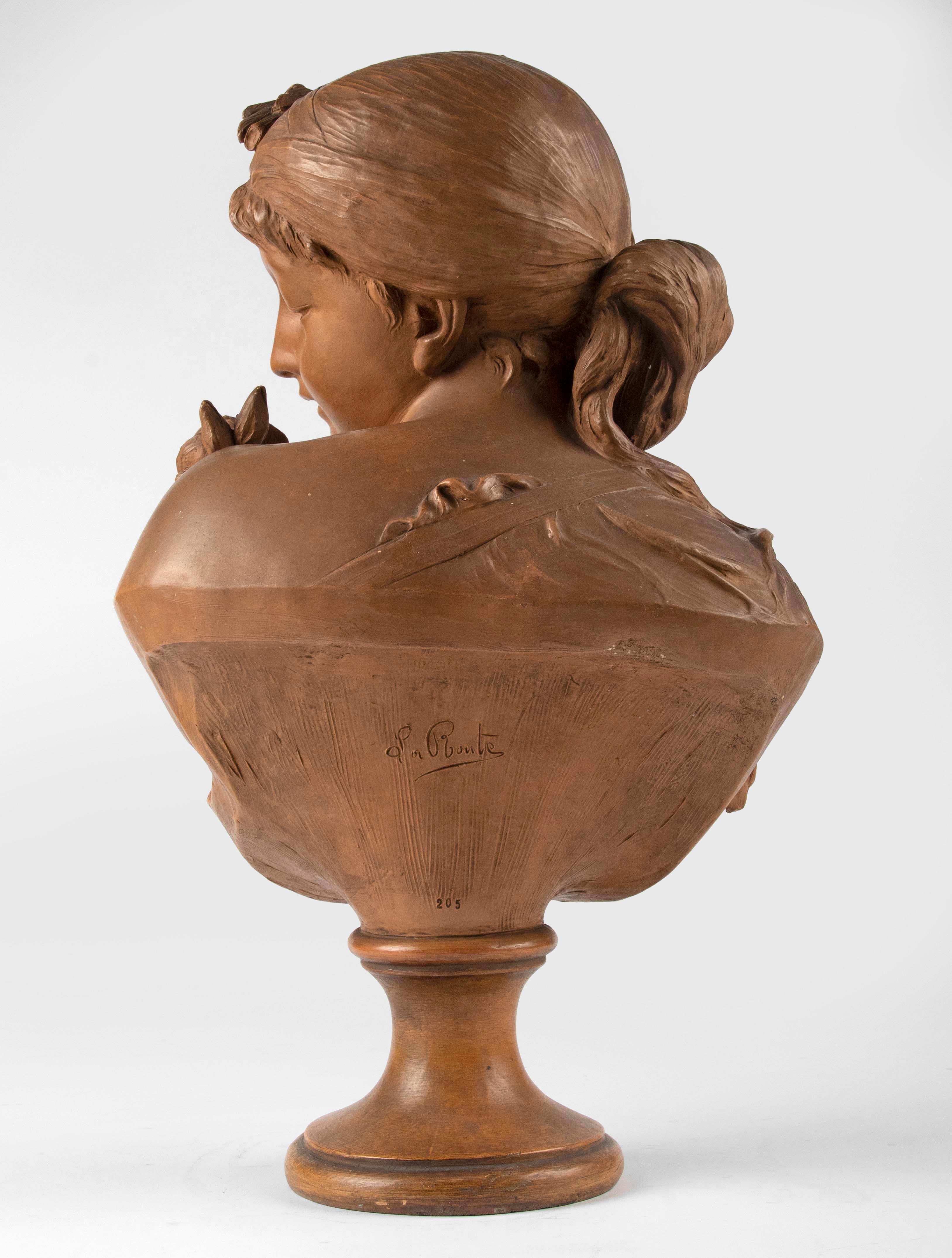 Late 19h Century Terracotta Bust Sculpture of a  Woman by Fréderick la Route For Sale 11