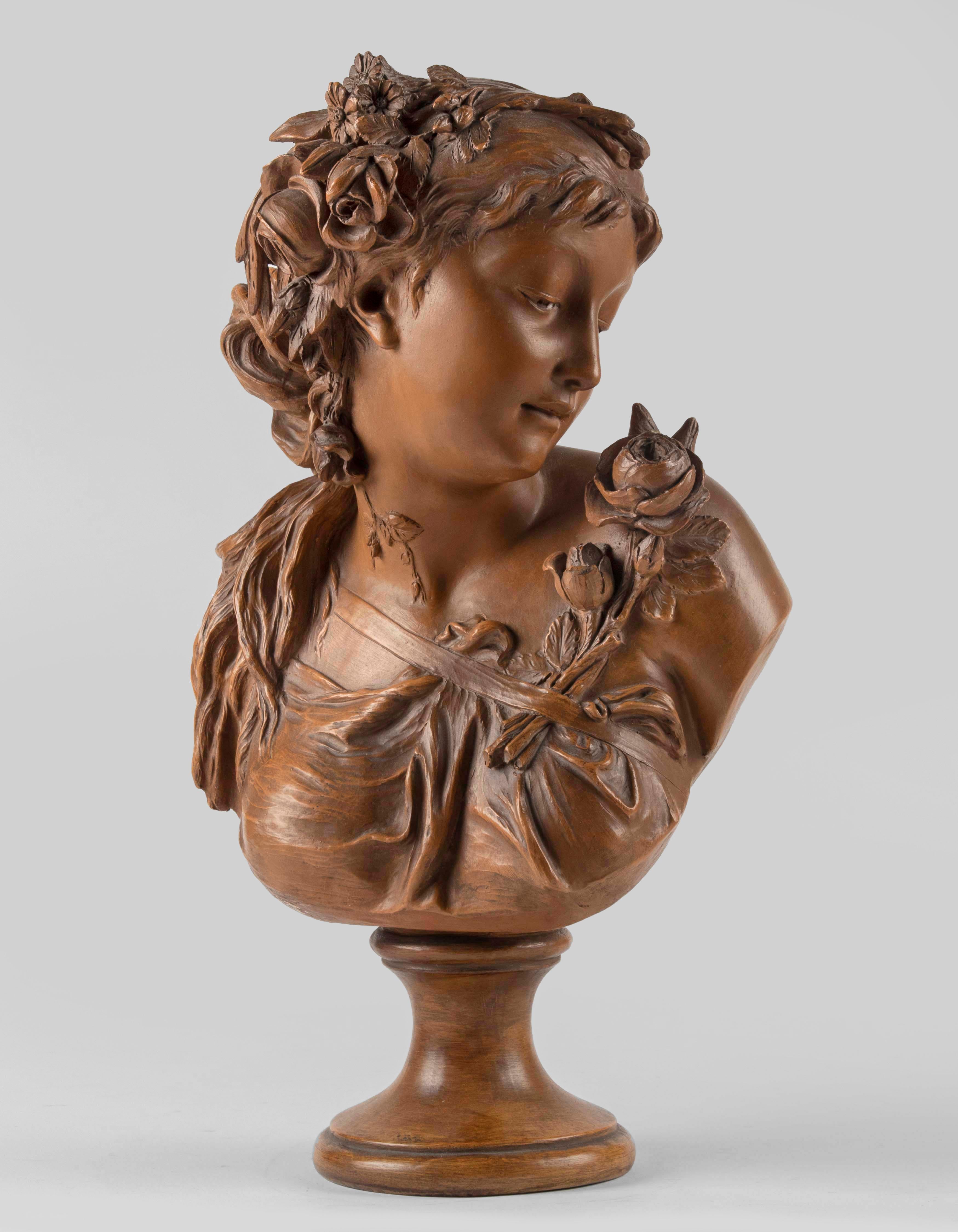 
A fine quality sculpture in terracotta from late Romanticism period. It has a rich ocher-brown patina. Beautiful and very attractive bust with very fine chiselure. Talented sculpting work, combined with a strong ability to interpret. Notice the