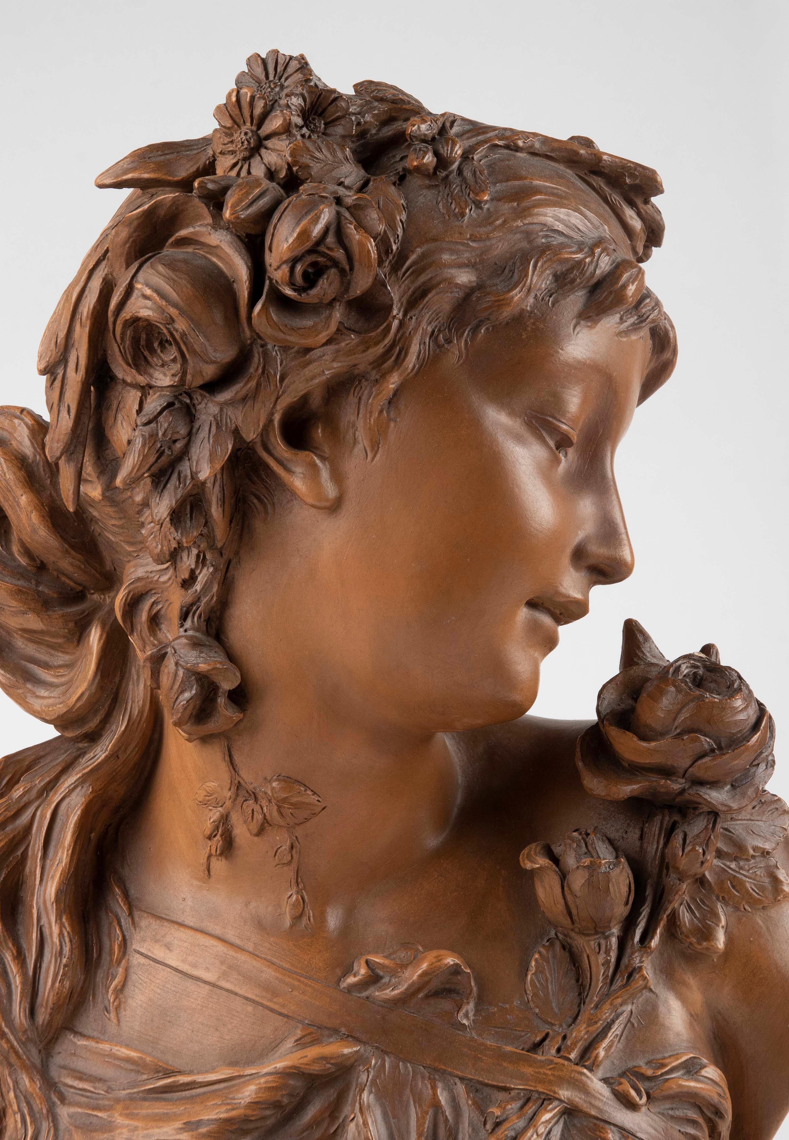 Romantic Late 19h Century Terracotta Bust Sculpture of a  Woman by Fréderick la Route For Sale