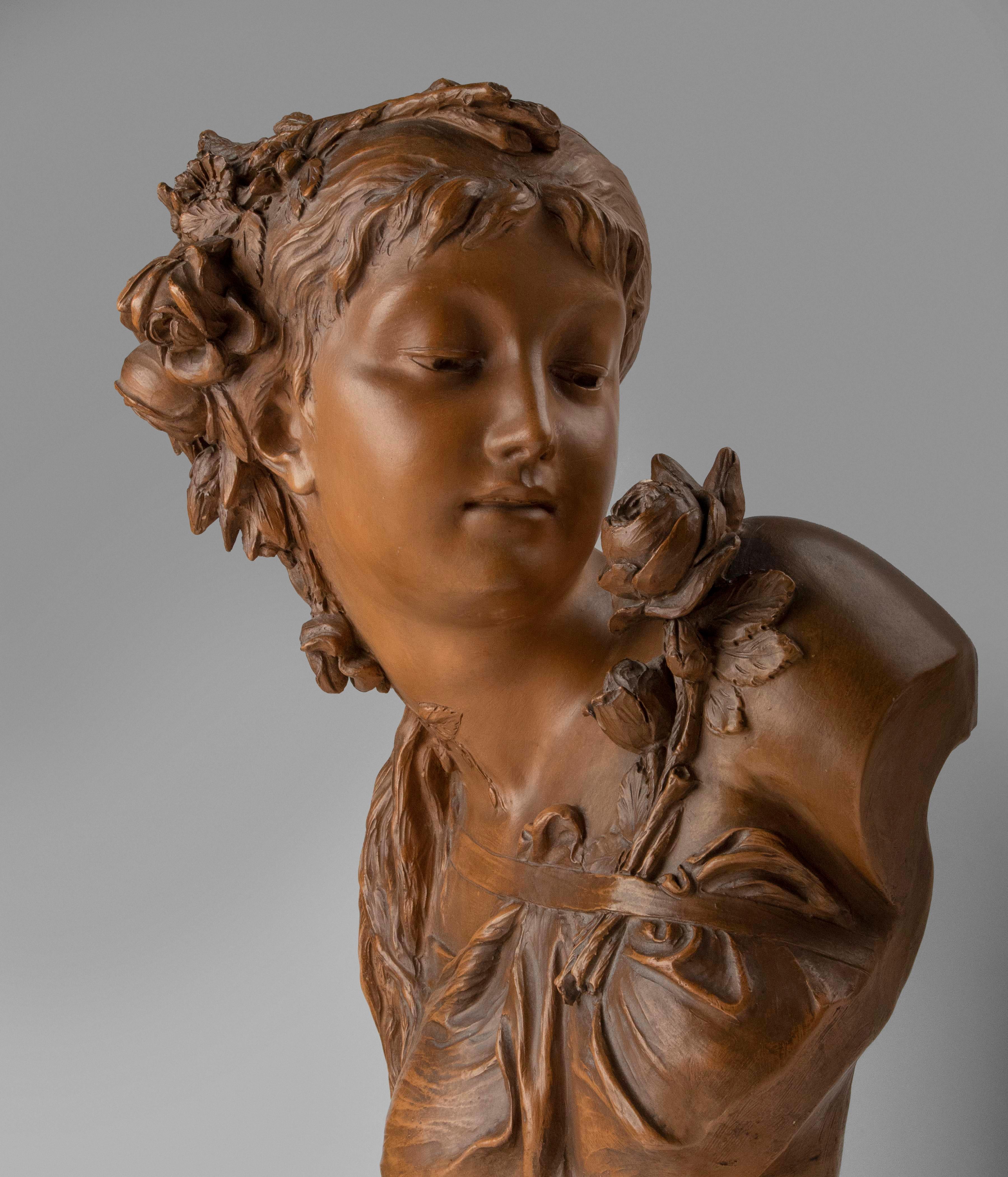 Hand-Crafted Late 19h Century Terracotta Bust Sculpture of a  Woman by Fréderick la Route For Sale