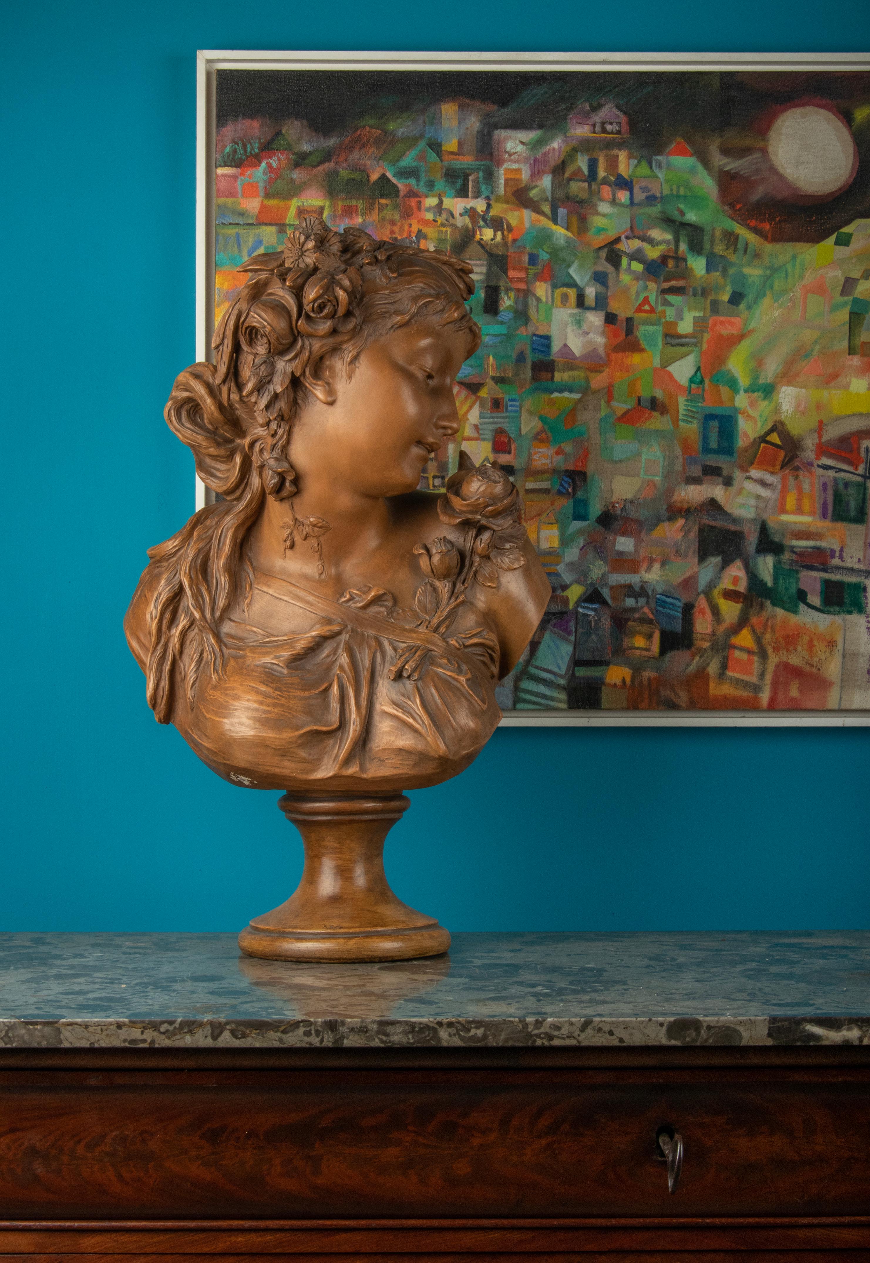 French Late 19h Century Terracotta Bust Sculpture of a  Woman by Fréderick la Route For Sale