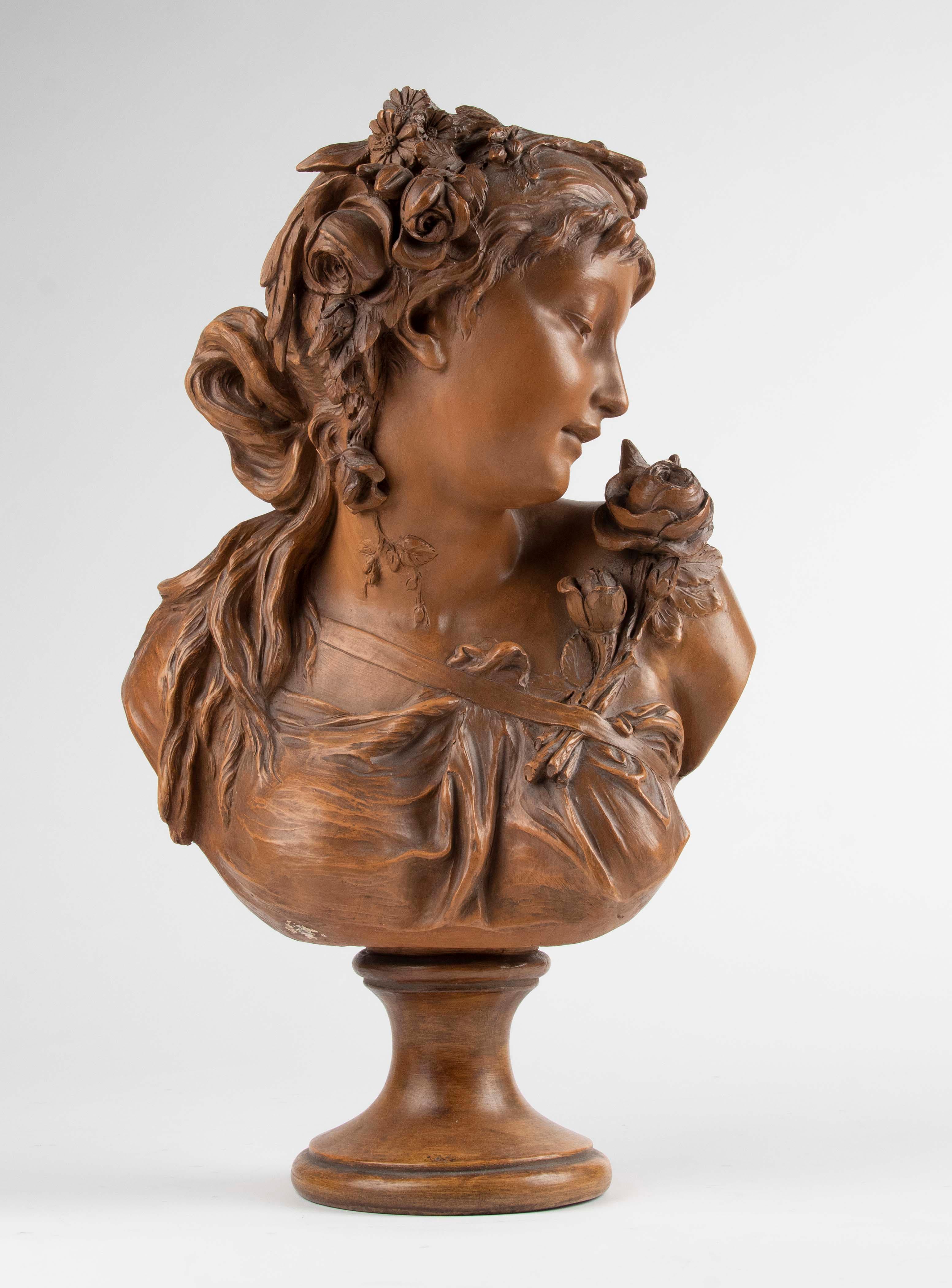 Late 19h Century Terracotta Bust Sculpture of a  Woman by Fréderick la Route In Good Condition For Sale In Casteren, Noord-Brabant