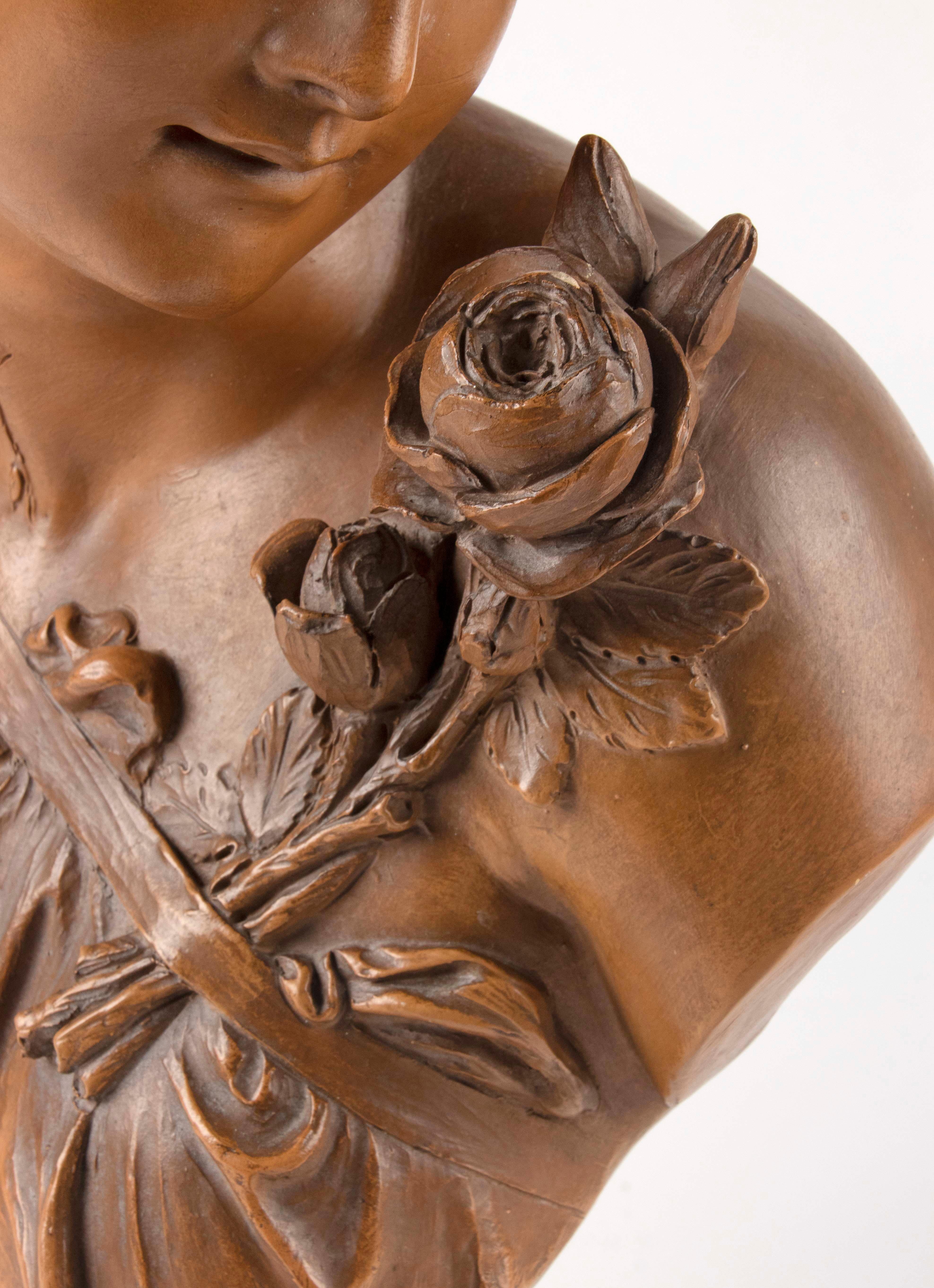 Late 19h Century Terracotta Bust Sculpture of a  Woman by Fréderick la Route For Sale 1