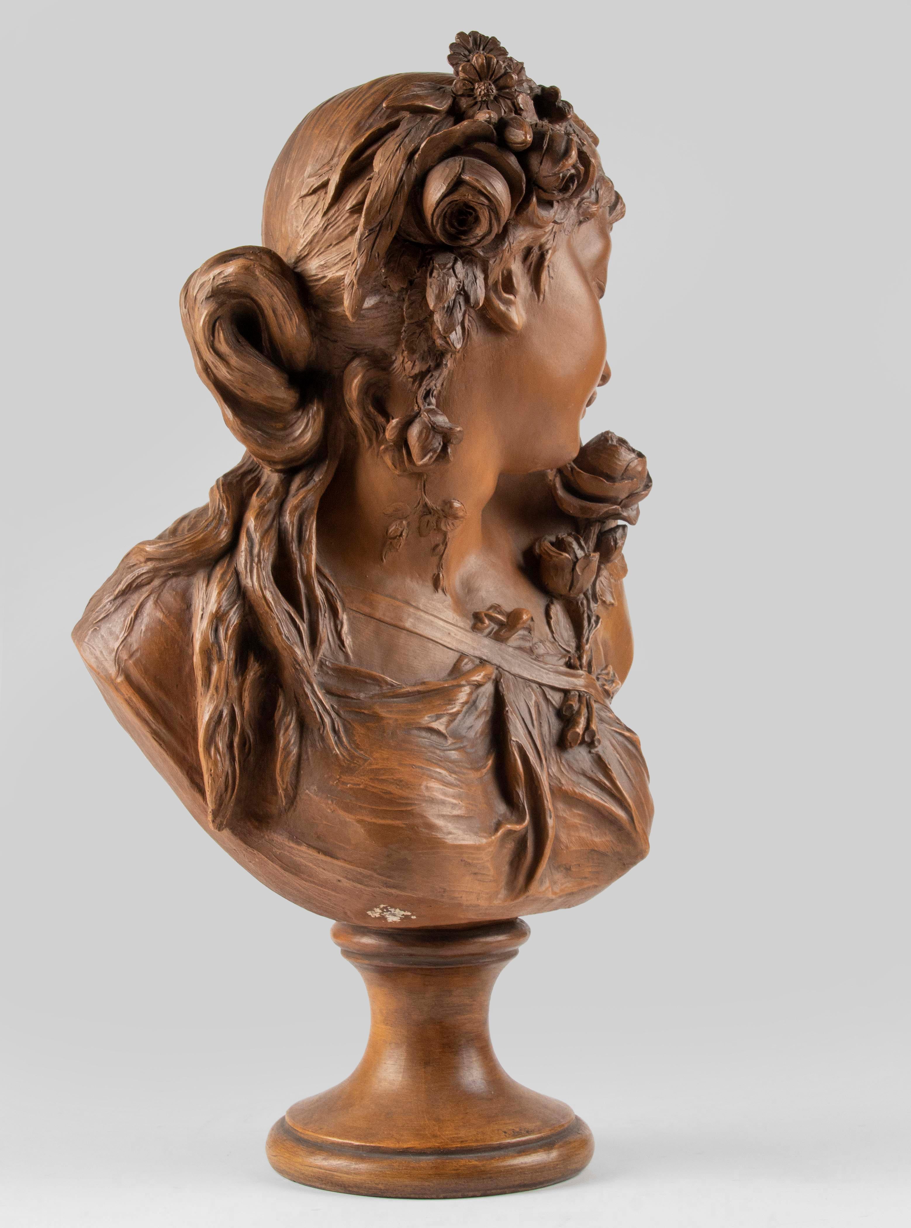 Late 19h Century Terracotta Bust Sculpture of a  Woman by Fréderick la Route For Sale 3