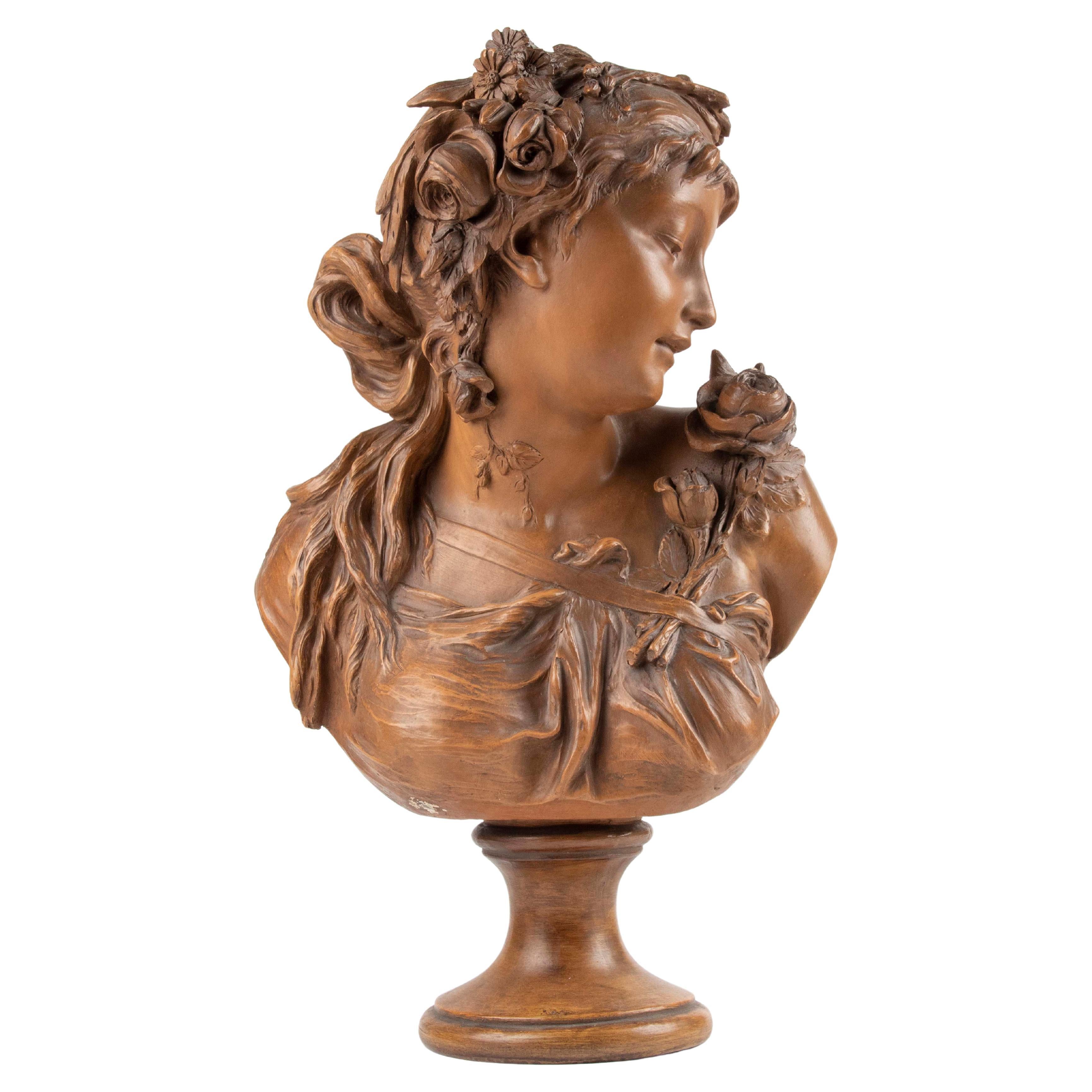 Late 19h Century Terracotta Bust Sculpture of a  Woman by Fréderick la Route For Sale