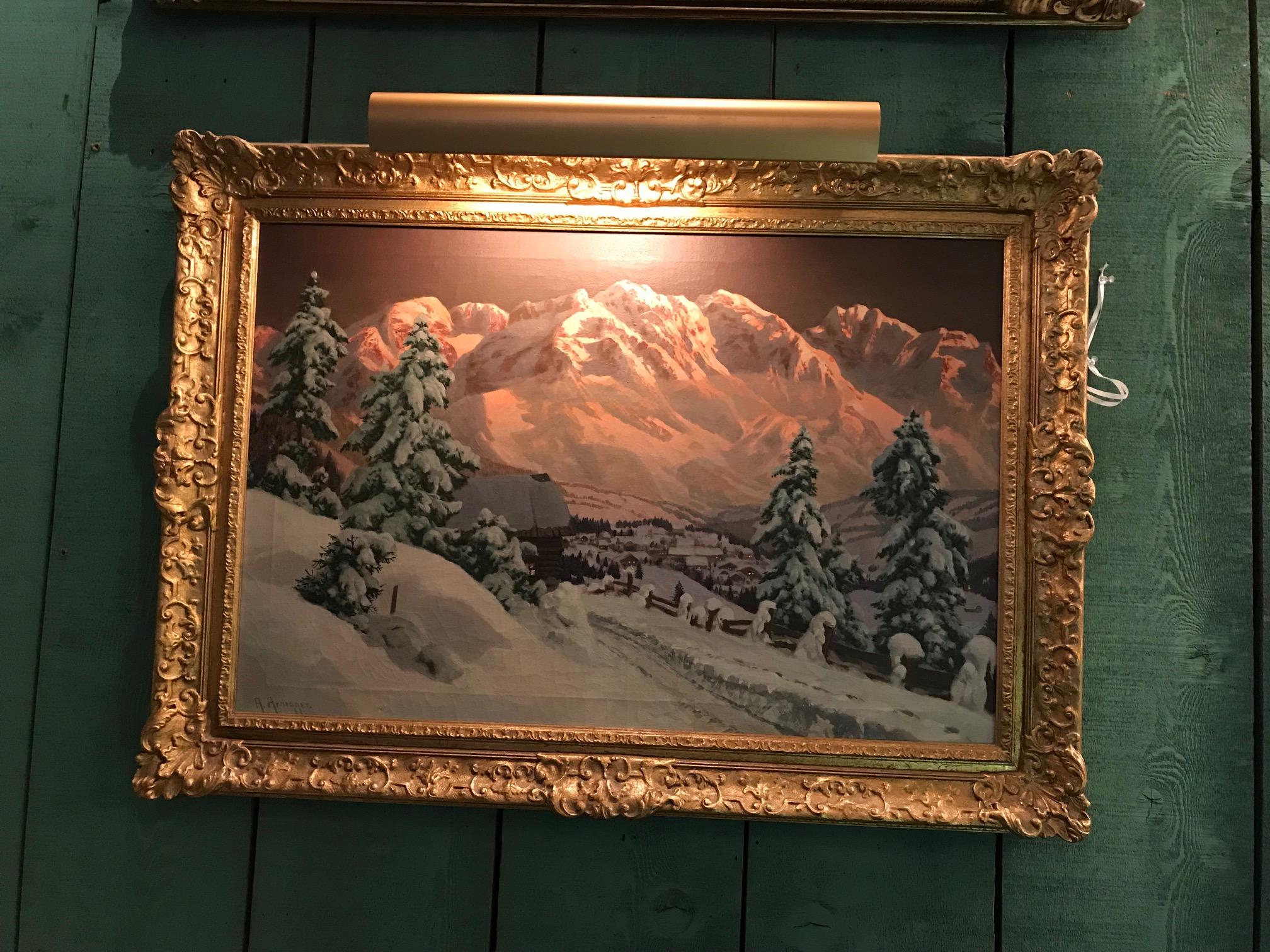 Paysage d'hiver / scène de neige de la fin du 19e siècle et du début du 20e siècle, par Alois Arnegger, huile sur toile, signée A. Arnegger, avec cadre ancien doré. 
Mesures : Hauteur 31
