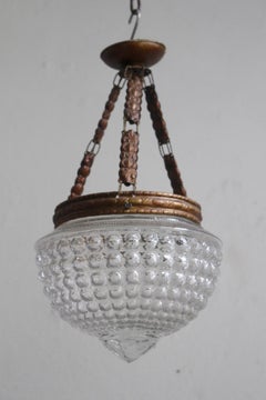 Late 19th Antique Art Nouveau Pendant Lamp with Geometric Bubble Glass